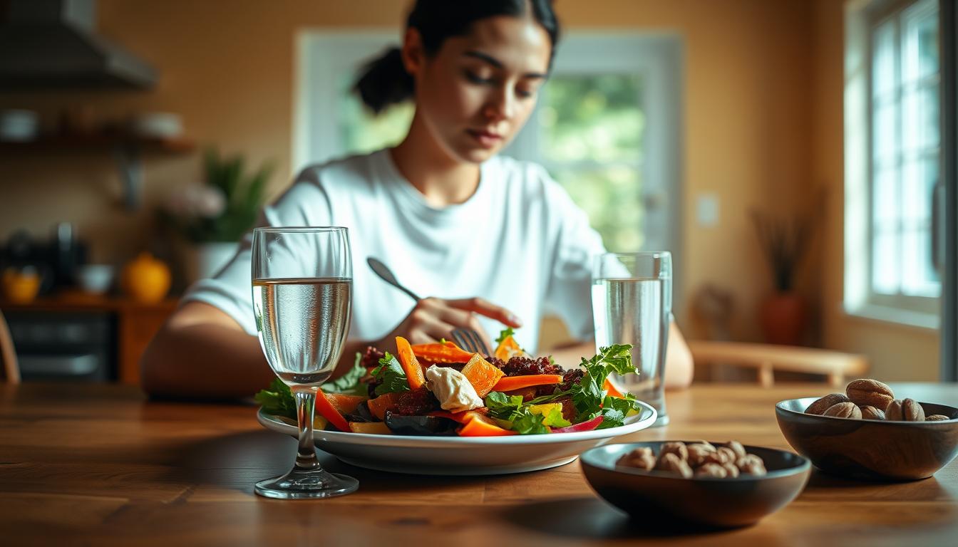 A serene kitchen scene with a person sitting at a table, mindfully engaged with their meal. The foreground features a plate of fresh, colorful vegetables, accompanied by a glass of water and a bowl of nuts. In the middle ground, the person's hands are gently holding their fork, their gaze transfixed on the food, exuding a sense of presence and attention. The background showcases a vibrant, natural-lit room with warm, earthy tones, creating a calming, meditative atmosphere. The lighting is soft and diffused, highlighting the textures and colors of the scene. The overall composition conveys a sense of mindfulness, balance, and the beauty of the simple act of nourishing oneself. A serene kitchen scene with a person sitting at a table, mindfully engaged with their meal. The foreground features a plate of fresh, colorful vegetables, accompanied by a glass of water and a bowl of nuts. In the middle ground, the person's hands are gently holding their fork, their gaze transfixed on the food, exuding a sense of presence and attention. The background showcases a vibrant, natural-lit room with warm, earthy tones, creating a calming, meditative atmosphere. The lighting is soft and diffused, highlighting the textures and colors of the scene. The overall composition conveys a sense of mindfulness, balance, and the beauty of the simple act of nourishing oneself.