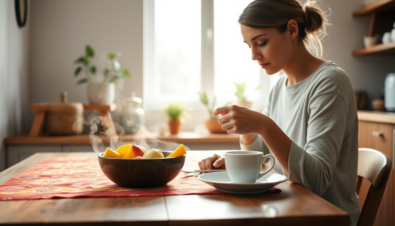 A serene kitchen scene with a person sitting at a wooden table, mindfully enjoying a wholesome meal. The table is adorned with a vibrant tablecloth, a bowl of fresh fruit, and a steaming cup of tea. The person is leaning forward, focused on the flavors and textures of the dish, their gaze calm and present. Soft, diffuse lighting from a large window bathes the scene in a warm, natural glow. The background is blurred, with hints of potted plants and natural elements, creating a tranquil, spa-like atmosphere that encourages mindful, intentional eating.
