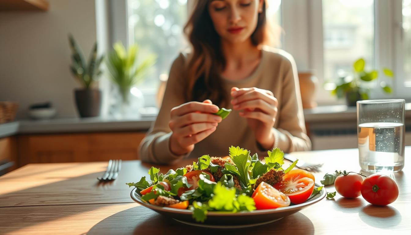 A serene kitchen scene with a person sitting at a wooden table, practicing mindful eating techniques. The foreground features a plate of fresh, colorful produce - juicy tomatoes, crisp greens, and crunchy vegetables. The person's hands are gently holding a piece of food, their gaze focused intently on the sensations of taste and texture. Soft, natural light filters in through a large window, casting a vibrant, calming atmosphere. In the middle ground, simple but elegant tableware and a glass of water complement the scene. The background features a few potted plants, hinting at a connection to nature. The overall mood is one of tranquility, awareness, and an appreciation for the present moment.
