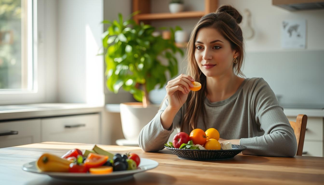 A serene kitchen scene with a woman sitting at a wooden table, practicing mindful eating techniques. Soft natural lighting illuminates the scene, creating a peaceful atmosphere. In the foreground, a plate of fresh fruits and vegetables is placed, inviting the viewer to imagine the flavors and textures. The woman's expression is calm and focused, her hands gently holding a piece of food as she brings it to her mouth. The middle ground features a potted plant, its lush greenery adding a touch of life to the scene. The background is softly blurred, emphasizing the tranquility of the moment. The overall image conveys a sense of balance, awareness, and the mindful enjoyment of a healthy, vibrant meal.