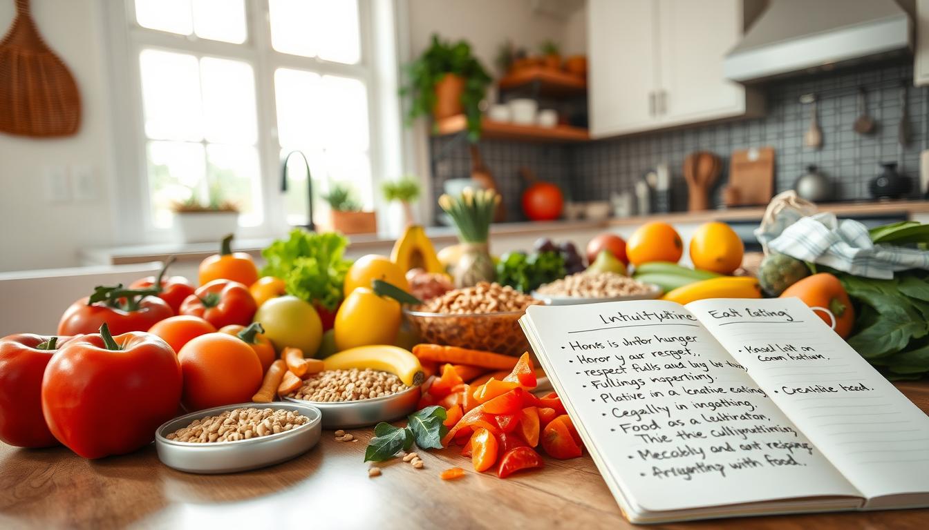 A serene kitchen setting with natural light streaming through large windows, illuminating a table laid out with various whole, unprocessed foods - colorful fruits, fresh vegetables, whole grains, and healthy proteins. On the table, an open notebook with handwritten notes about intuitive eating principles, such as honoring hunger, respecting fullness, and cultivating a positive relationship with food. The overall atmosphere is one of mindfulness, intention, and a vibrant, nourishing approach to eating. A serene kitchen setting with natural light streaming through large windows, illuminating a table laid out with various whole, unprocessed foods - colorful fruits, fresh vegetables, whole grains, and healthy proteins. On the table, an open notebook with handwritten notes about intuitive eating principles, such as honoring hunger, respecting fullness, and cultivating a positive relationship with food. The overall atmosphere is one of mindfulness, intention, and a vibrant, nourishing approach to eating.