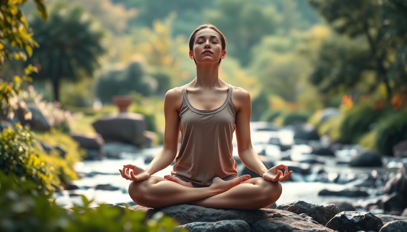 A serene landscape, a person sitting in a meditative pose, their eyes closed in deep contemplation. The foreground features a tranquil garden with lush greenery and a flowing stream, the sound of water cascading over rocks creating a soothing ambiance. The middle ground showcases the figure, their expression calm and focused, as they embark on a journey of mindfulness, letting go of cravings and desires. The background is softly lit, with a vibrant and warm color palette, evoking a sense of inner peace and harmony. The overall scene radiates a sense of tranquility, inviting the viewer to pause, breathe, and find respite from the demands of the external world. A serene landscape, a person sitting in a meditative pose, their eyes closed in deep contemplation. The foreground features a tranquil garden with lush greenery and a flowing stream, the sound of water cascading over rocks creating a soothing ambiance. The middle ground showcases the figure, their expression calm and focused, as they embark on a journey of mindfulness, letting go of cravings and desires. The background is softly lit, with a vibrant and warm color palette, evoking a sense of inner peace and harmony. The overall scene radiates a sense of tranquility, inviting the viewer to pause, breathe, and find respite from the demands of the external world.