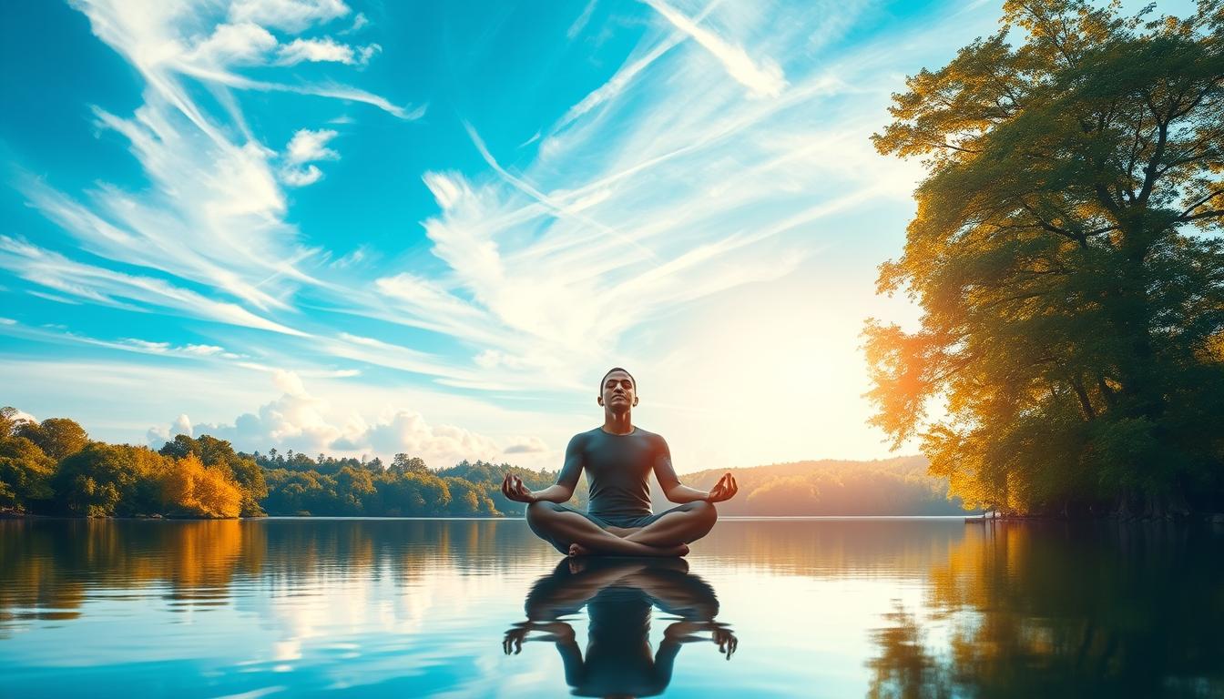 A serene landscape with a meditating figure sitting in lotus position on a peaceful lakeside, surrounded by lush, vibrant foliage. Soft, diffused lighting filters through the trees, casting a warm, calming glow over the scene. The figure's expression is one of deep tranquility, their eyes closed in a state of mindful contemplation. In the background, wispy clouds drift across a vibrant blue sky, adding to the overall sense of serenity and stress relief. The composition is balanced and harmonious, inviting the viewer to find their own inner calm and experience the benefits of meditation.