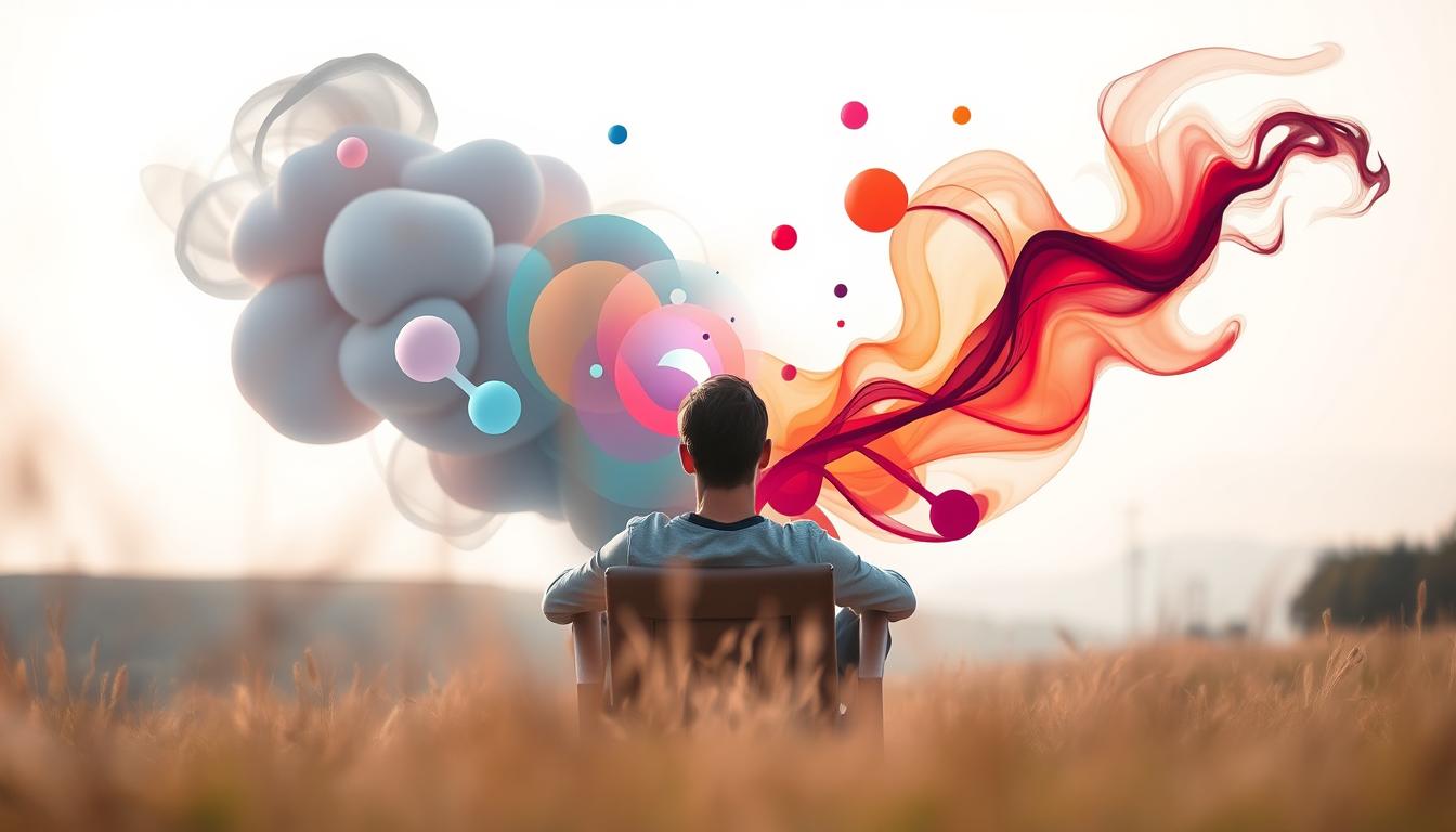 A serene landscape with a person sitting in a comfortable chair, deep in thought. The foreground features soft, pastel hues and a blurred focus, drawing the viewer's attention to the central figure. Warm, natural lighting illuminates the scene, creating a contemplative atmosphere. In the middle ground, abstracted forms and shapes in vibrant colors swirl and dance, representing the mental distractions being actively visualized and then dispersed. The background is a hazy, dreamlike expanse, further emphasizing the meditative state of the individual. The overall composition conveys a sense of tranquility and the power of mental focus to overcome distractions. A serene landscape with a person sitting in a comfortable chair, deep in thought. The foreground features soft, pastel hues and a blurred focus, drawing the viewer's attention to the central figure. Warm, natural lighting illuminates the scene, creating a contemplative atmosphere. In the middle ground, abstracted forms and shapes in vibrant colors swirl and dance, representing the mental distractions being actively visualized and then dispersed. The background is a hazy, dreamlike expanse, further emphasizing the meditative state of the individual. The overall composition conveys a sense of tranquility and the power of mental focus to overcome distractions.