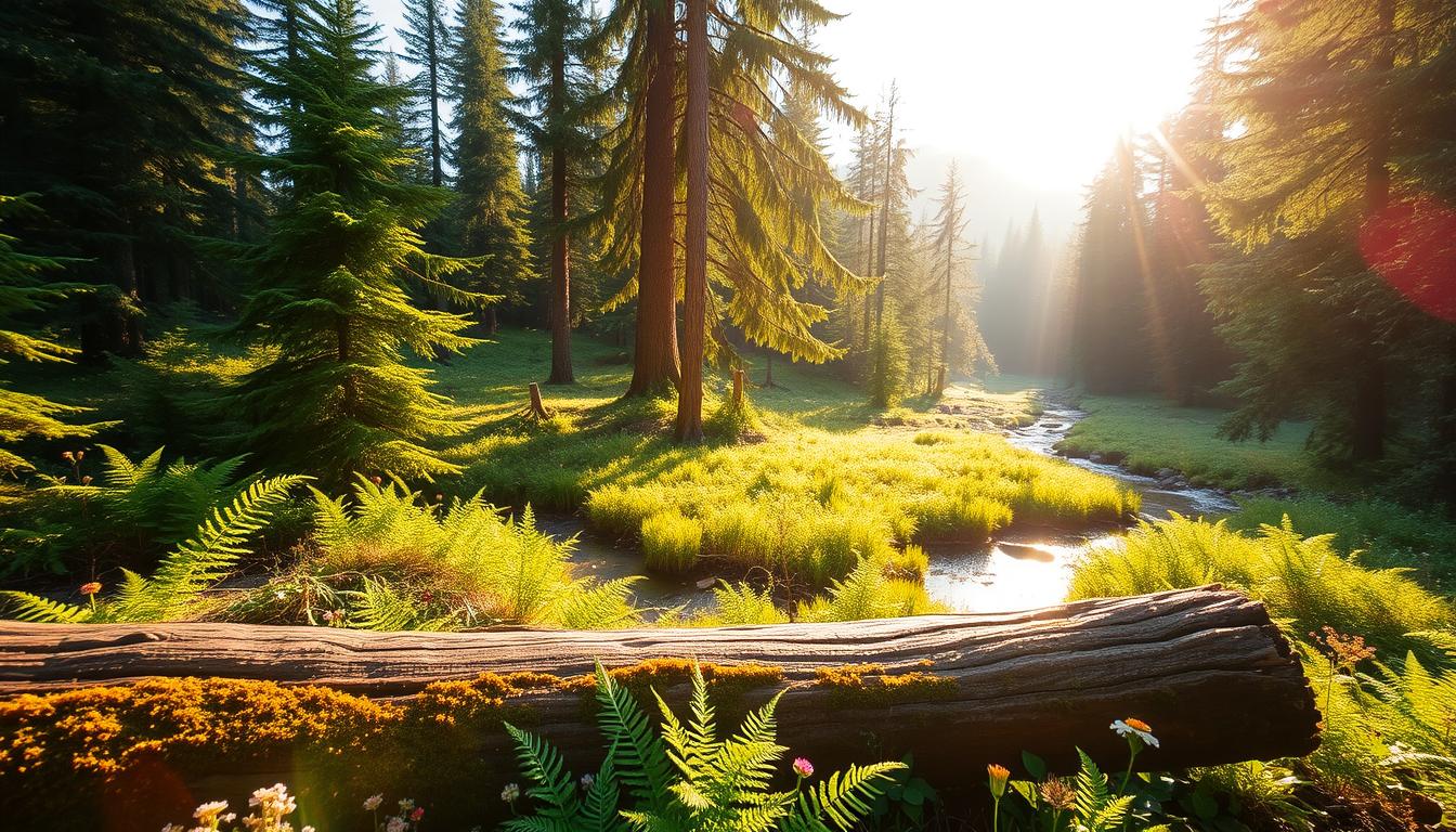 A serene, lush forest glade bathed in warm, golden afternoon sunlight. In the foreground, a mossy log invites weary souls to sit and rest, surrounded by a carpet of verdant ferns and wildflowers. In the middle ground, towering evergreen trees sway gently, their vibrant, vibrant foliage providing a calming canopy. Farther back, a tranquil stream winds its way through the landscape, its gentle babbling and the chirping of birds creating a soothing, meditative soundscape. The entire scene exudes a sense of tranquility and rejuvenation, a perfect respite for the mind and spirit.