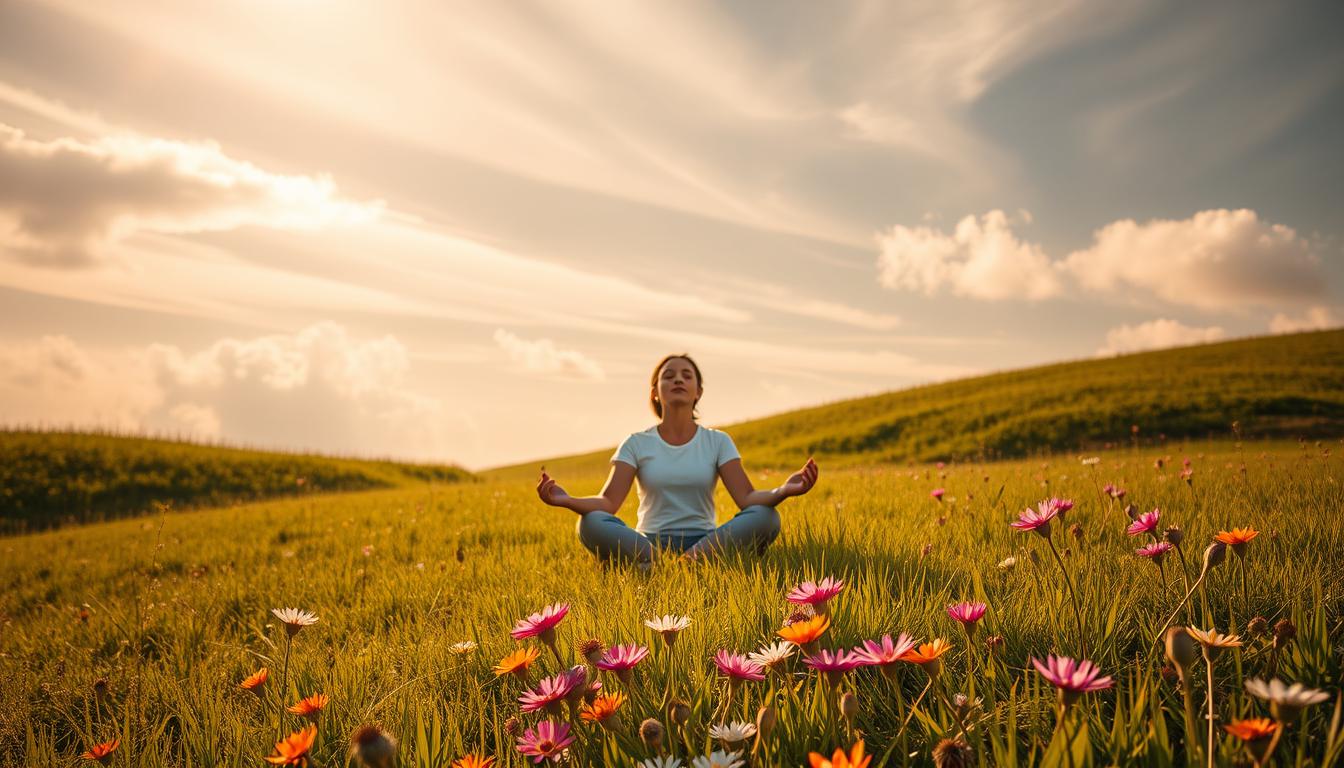 A serene meadow bathed in warm, golden light, with a person sitting cross-legged on the grass, their eyes closed in deep meditation. Wispy clouds drift overhead, casting gentle shadows on the lush, verdant landscape. The person's aura emanates a sense of tranquility and inner peace, as if they are deeply connected to the earth beneath them. In the foreground, a vibrant array of wildflowers sway gently in the breeze, adding a touch of vibrant color to the scene. The image conveys a feeling of grounding, mental clarity, and a renewed sense of calm and well-being.