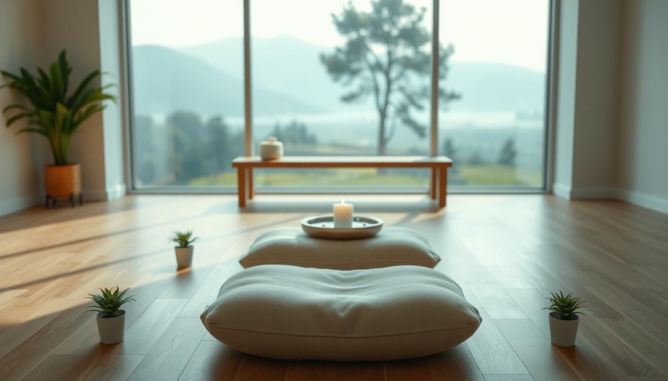 A serene meditation space with a minimalist aesthetic. Soft, natural lighting floods the room, creating a calming ambiance. In the foreground, a plush meditation cushion sits on a sleek, wooden floor, inviting the practitioner to find their center. Surrounding the cushion are small, vibrant potted plants, adding a touch of life and greenery. In the middle ground, a simple wooden bench or low table holds a few essential items - a candle, a small incense holder, and a tranquil water feature that gently bubbles. The background features a large, panoramic window overlooking a peaceful, natural landscape, blurring the boundaries between the indoor and outdoor spaces. The overall mood is one of serenity, focus, and mindfulness.