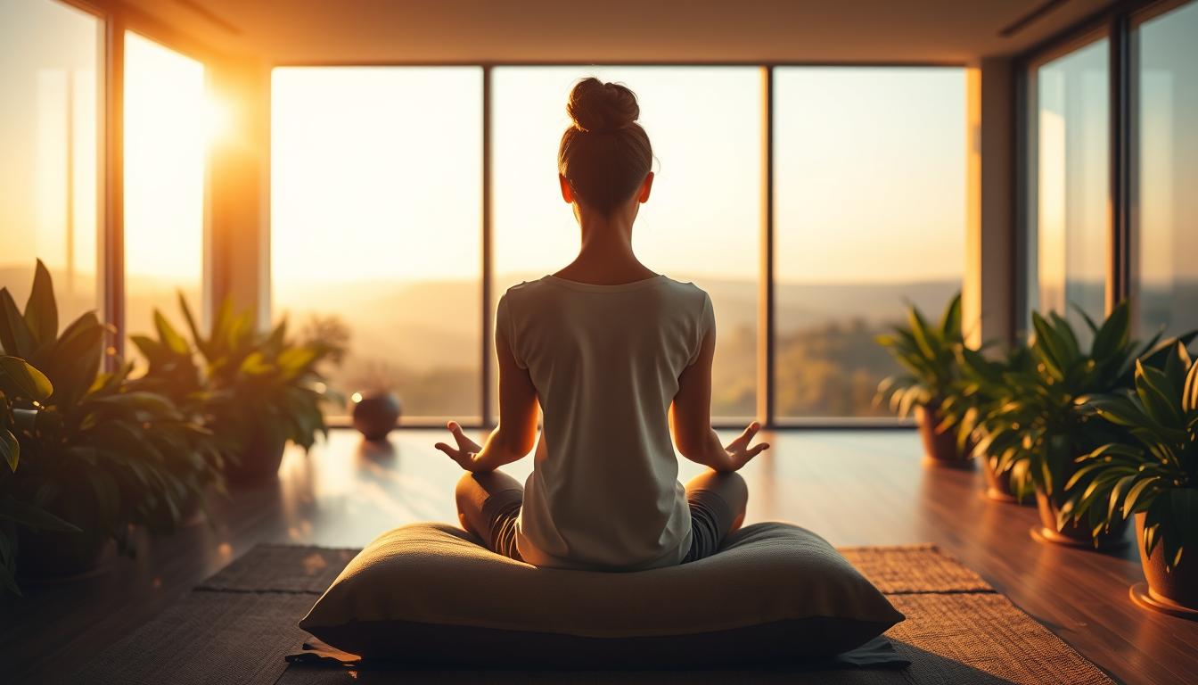 A serene meditation studio bathed in warm, diffused lighting. In the foreground, a person sits cross-legged on a plush cushion, palms resting gently on their lap, eyes closed in deep contemplation. Lush, vibrant potted plants line the perimeter, adding a sense of tranquility. The middle ground features a large, floor-to-ceiling window overlooking a serene, natural landscape, with the horizon softly fading into a vibrant, golden sky. Subtle, soothing ambient music plays in the background, creating a calming atmosphere that invites the viewer to pause, breathe, and find their own inner peace.