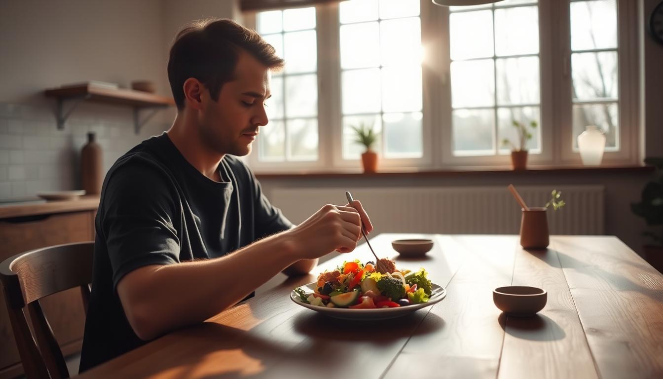 A serene, minimalist kitchen scene with a person sitting at a wooden table, engaged in the practice of mindful eating. Soft, natural lighting filters through large windows, casting a warm glow on the scene. The individual is focused intently on the plate in front of them, carefully examining the textures, colors, and aromas of the vibrant, carefully prepared meal. The table is uncluttered, allowing the act of eating to be the central focus. Subtle details, such as a small potted plant or a single flower, add to the calming ambiance. The overall mood is one of quiet contemplation, inviting the viewer to slow down and savor the moment.