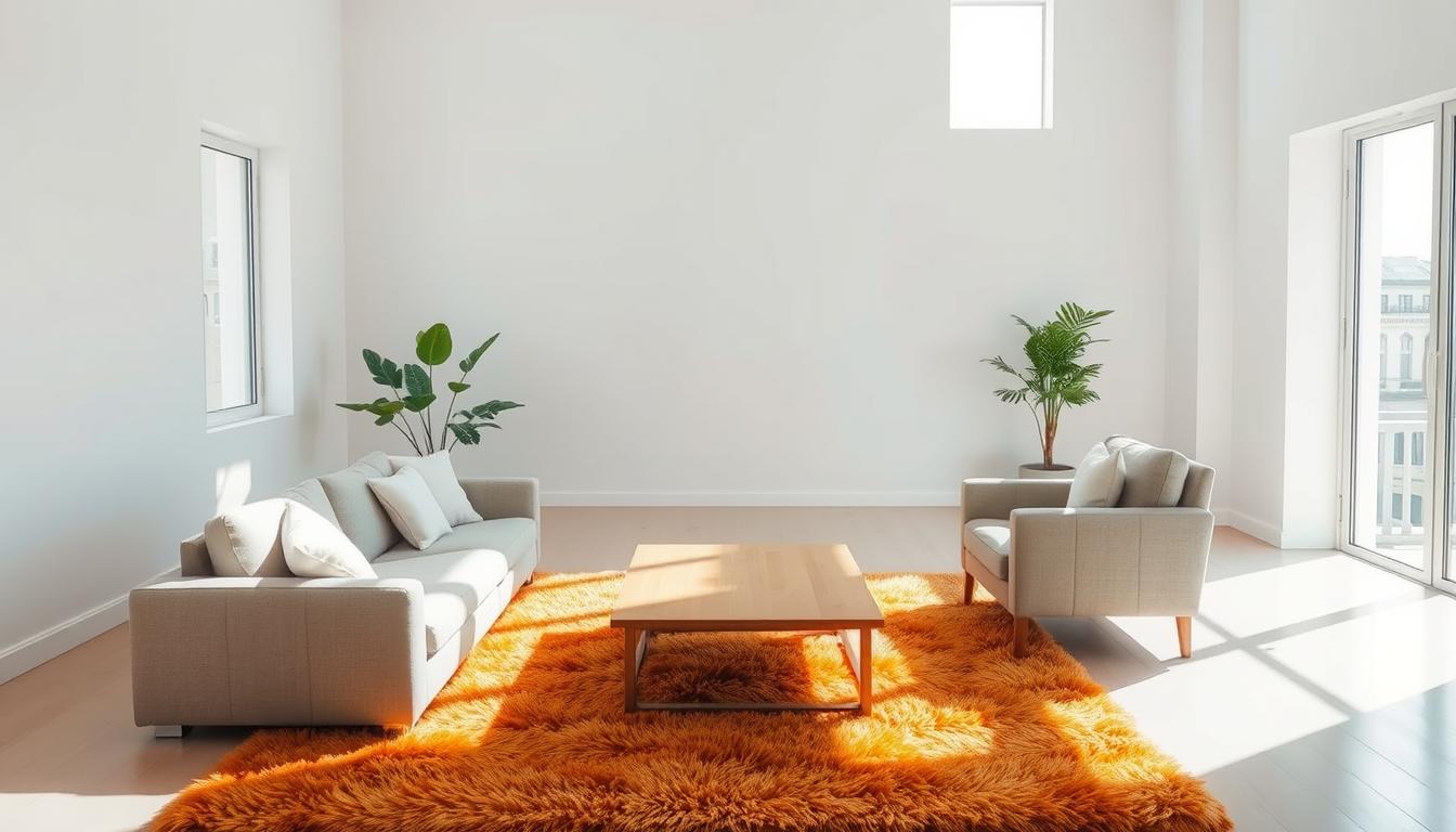 A serene, minimalist living room filled with natural light streams in through large windows. In the foreground, a comfortable sofa and armchair in neutral tones sit atop a plush, vibrant rug. The middle ground features a simple, minimalist wooden coffee table, while the background showcases bare, white walls and a potted plant in the corner, creating a sense of tranquility and focus. The overall atmosphere is one of calm, uncluttered elegance, highlighting the benefits of a minimalist lifestyle.