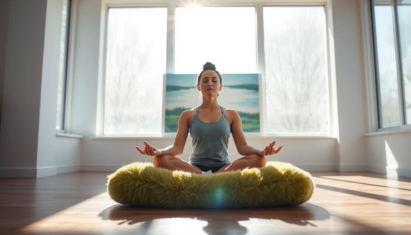 A serene, minimalist meditation space with a person sitting in a cross-legged position on a plush, vibrant meditation cushion. Sunlight streams through large windows, casting a warm, natural glow. The background features a simple, calming mural or painting in soothing tones of blue and green. The person's eyes are closed, their expression peaceful and focused, embodying a sense of mindfulness and presence. The overall atmosphere is one of tranquility and consistency, inspiring the viewer to establish a regular meditation practice.