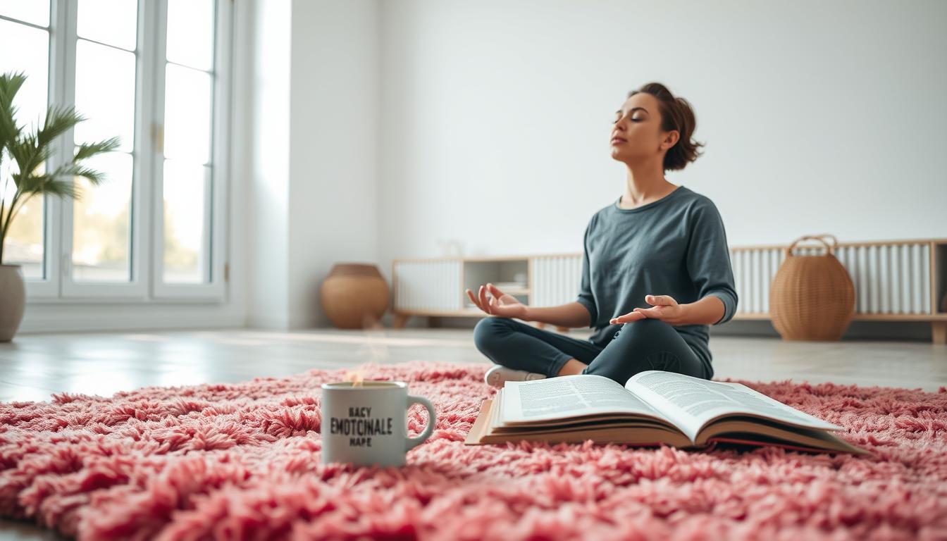 A serene, minimalist scene depicting a person practicing emotional eating management strategies. In the foreground, a person sits cross-legged on a plush, vibrant rug, eyes closed in meditation, their face expressing a sense of calm and focus. In the middle ground, an open book lies next to a steaming mug, hinting at the practice of mindfulness and reflection. The background features a clean, airy room with large windows allowing soft, natural light to flood the space, creating a warm, inviting atmosphere. The overall mood is one of tranquility and introspection, reflecting the process of understanding and managing cravings. A serene, minimalist scene depicting a person practicing emotional eating management strategies. In the foreground, a person sits cross-legged on a plush, vibrant rug, eyes closed in meditation, their face expressing a sense of calm and focus. In the middle ground, an open book lies next to a steaming mug, hinting at the practice of mindfulness and reflection. The background features a clean, airy room with large windows allowing soft, natural light to flood the space, creating a warm, inviting atmosphere. The overall mood is one of tranquility and introspection, reflecting the process of understanding and managing cravings.
