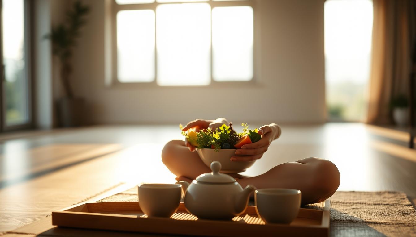 A serene, minimalist scene depicting the practice of mindful eating. In the foreground, a person sits cross-legged at a low table, their hands gently holding a bowl of fresh, vibrant vegetables. Muted natural lighting filters in through large windows, casting a warm, contemplative glow. In the middle ground, a simple ceramic teapot and matching cups suggest the presence of a calming beverage. The background is softly blurred, hinting at a tranquil, nature-inspired setting, perhaps with the suggestion of verdant plants or a distant landscape. The overall mood is one of focused attention, inner calm, and a deep appreciation for the present moment and the nourishing qualities of the food.