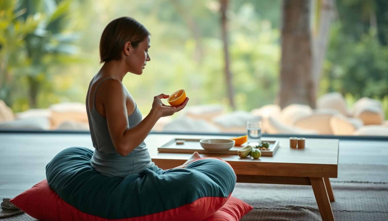 A serene, minimalist scene of a person practicing mindful eating techniques. In the foreground, a person sits cross-legged on a plush, vibrant cushion, their gaze focused intently on a single piece of fresh fruit in their hand. The middle ground features a wooden table with a simple ceramic dish, a glass of water, and a few other healthy snacks. The background is a softly blurred, natural setting with lush greenery and warm, diffused lighting, creating a calming, meditative atmosphere. The overall mood is one of intention, presence, and a deep appreciation for the act of nourishing the body. A serene, minimalist scene of a person practicing mindful eating techniques. In the foreground, a person sits cross-legged on a plush, vibrant cushion, their gaze focused intently on a single piece of fresh fruit in their hand. The middle ground features a wooden table with a simple ceramic dish, a glass of water, and a few other healthy snacks. The background is a softly blurred, natural setting with lush greenery and warm, diffused lighting, creating a calming, meditative atmosphere. The overall mood is one of intention, presence, and a deep appreciation for the act of nourishing the body.