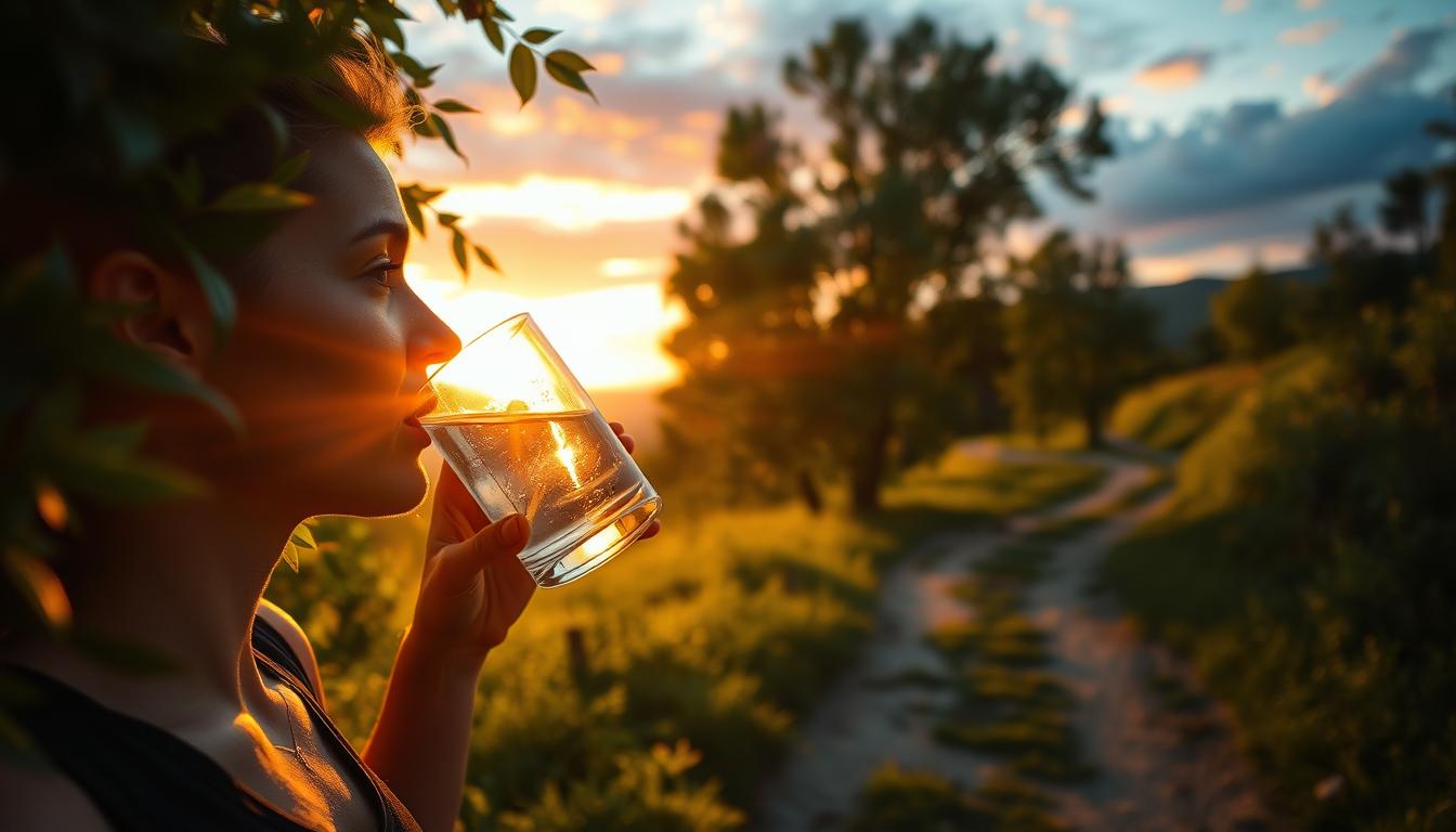 A serene morning scene, bathed in warm, golden sunlight filtering through lush foliage. In the foreground, a person takes a rejuvenating sip from a vibrant glass of water, their face radiating a sense of calm and focus. The middle ground features a winding path leading through a verdant landscape, inviting the viewer to join in this invigorating morning activity. The background showcases a picturesque sunrise, the sky painted in a vibrant palette of pinks, oranges, and blues, creating a sense of tranquility and inspiration. The overall atmosphere is one of revitalization, as the hydration synergy with the morning activity promotes a feeling of vitality and well-being.