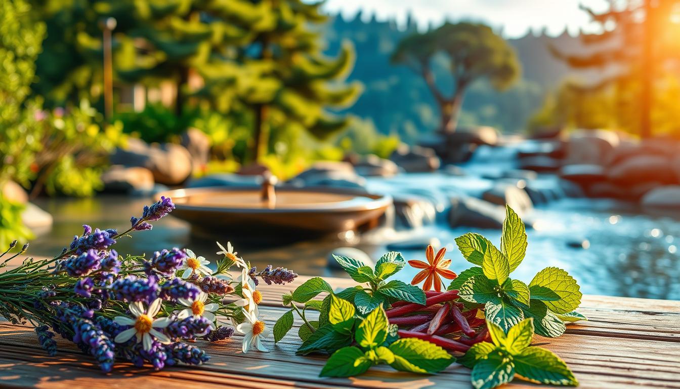 A serene natural scene depicting the top natural remedies for stress relief. In the foreground, a collection of calming herbs and botanicals such as lavender, chamomile, and peppermint are artfully arranged on a wooden surface, bathed in warm, vibrant lighting. In the middle ground, a soothing water feature, like a small fountain or waterfall, cascades over smooth rocks, creating a tranquil ambiance. In the background, a lush, verdant landscape with towering trees and a clear blue sky, conveying a sense of peaceful escapism. The overall mood is one of tranquility, balance, and rejuvenation, capturing the essence of natural stress relief.