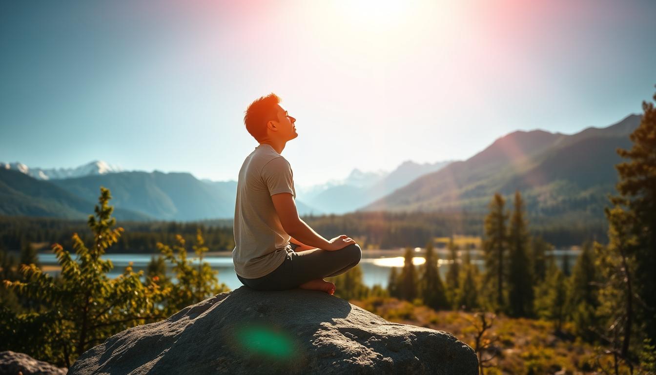 A serene outdoor scene, bathed in warm, vibrant sunlight. In the foreground, a solitary figure sits cross-legged on a rock, eyes closed in deep contemplation, hands resting peacefully on their lap. The middle ground reveals a tranquil lake, its still surface reflecting the lush, verdant trees and mountains in the distance. The background is a panoramic vista of majestic peaks, their snow-capped summits glimmering under the radiant sky. The overall atmosphere exudes a sense of calm, rejuvenation, and the restorative power of solitude.