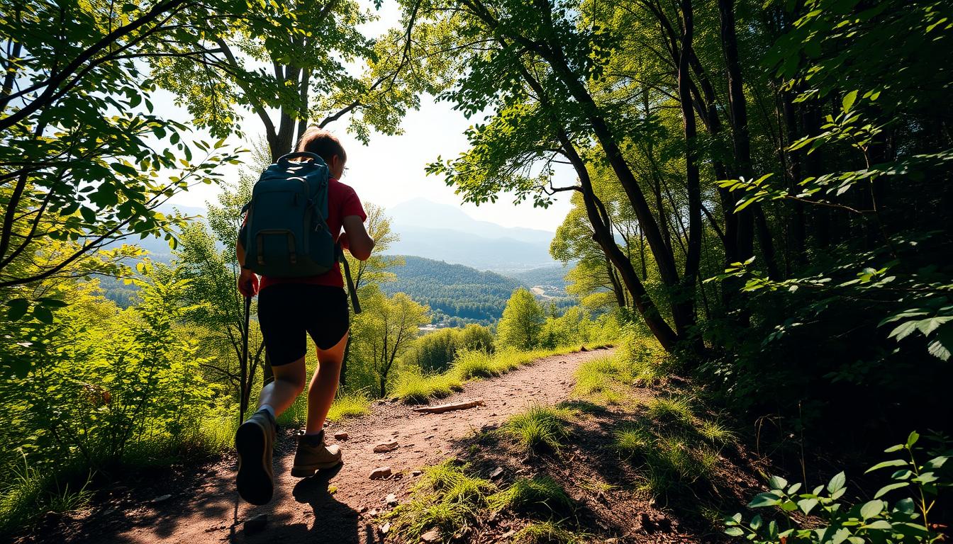 A serene outdoor scene of a person hiking through lush, verdant forests, their path winding up a gentle slope. Dappled sunlight filters through the canopy, casting a warm, vibrant glow over the landscape. In the foreground, the hiker's determined stride is accentuated by their sturdy hiking boots and backpack, conveying a sense of purpose and commitment to their weight loss journey. The middle ground reveals a picturesque vista, with rolling hills and distant mountains creating a captivating backdrop. The overall atmosphere is one of tranquility and rejuvenation, inviting the viewer to imagine the calorie-burning potential of this outdoor adventure.
