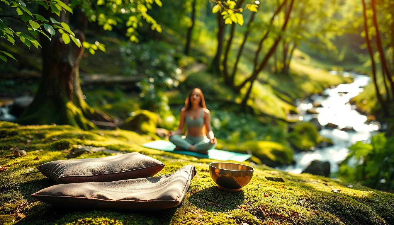 A serene outdoor scene showcasing a mind-body connection. In the foreground, an array of therapeutic tools - a meditation cushion, a yoga mat, and a crystal singing bowl - are arranged thoughtfully on a mossy forest floor. Dappled sunlight filters through the lush, vibrant foliage, casting a warm, inviting glow. In the middle ground, a figure sits cross-legged, eyes closed, deeply immersed in a mindful practice. The background reveals a tranquil stream winding through the verdant landscape, its soothing sounds creating a calming ambiance. The overall atmosphere radiates a sense of harmony, balance, and the restorative power of nature.