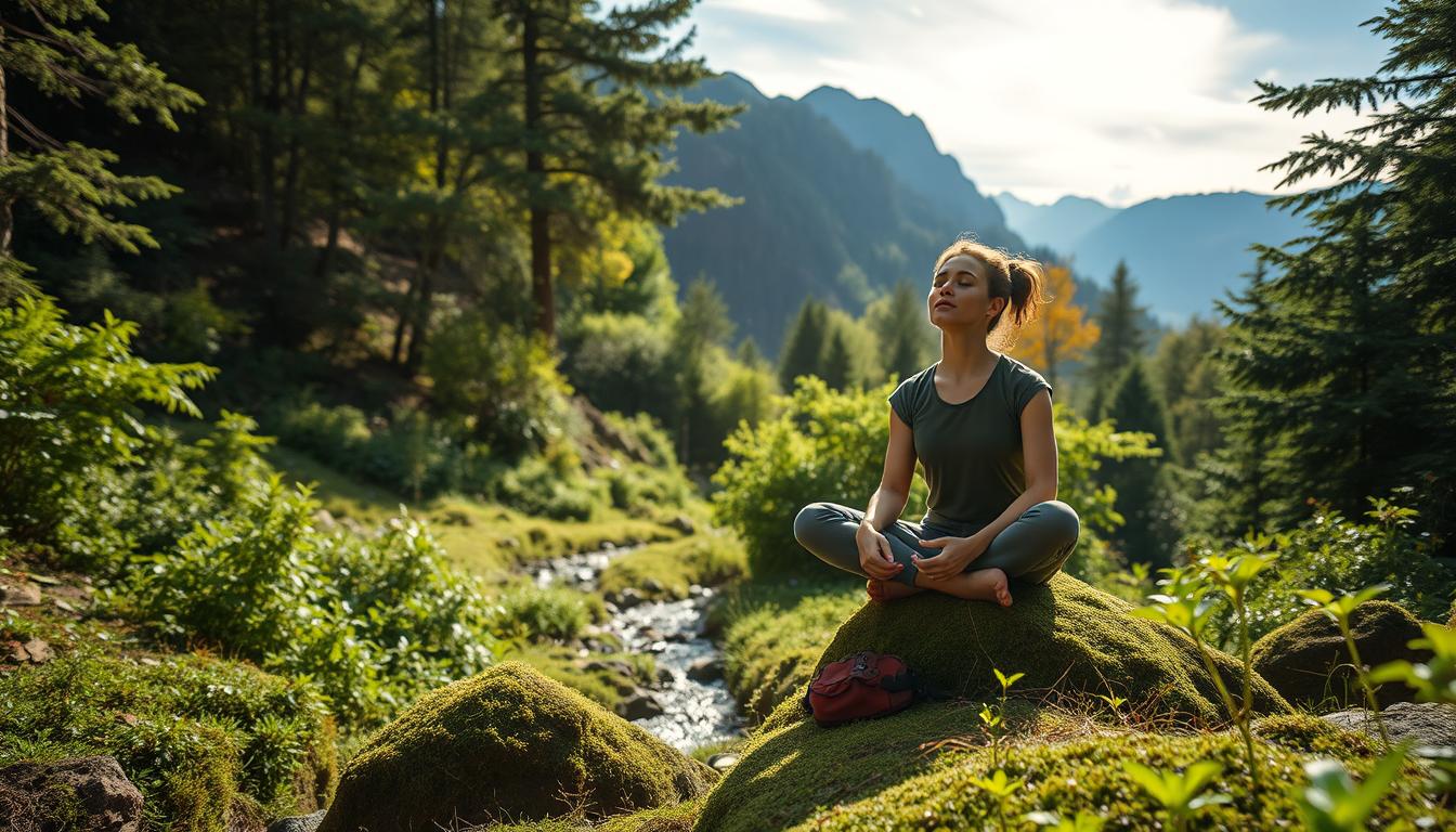 A serene outdoor scene showcasing the mental health benefits of nature retreats. In the foreground, a person sitting cross-legged on a moss-covered rock, eyes closed, deeply immersed in meditation amidst a vibrant, lush forest. The middle ground features a small stream winding its way through the undergrowth, with sunlight filtering through the canopy of verdant trees. In the background, rugged mountains rise up, their peaks touching the wispy, cloud-dappled sky. The overall atmosphere is one of tranquility, peace, and rejuvenation, conveying the restorative power of nature immersion.
