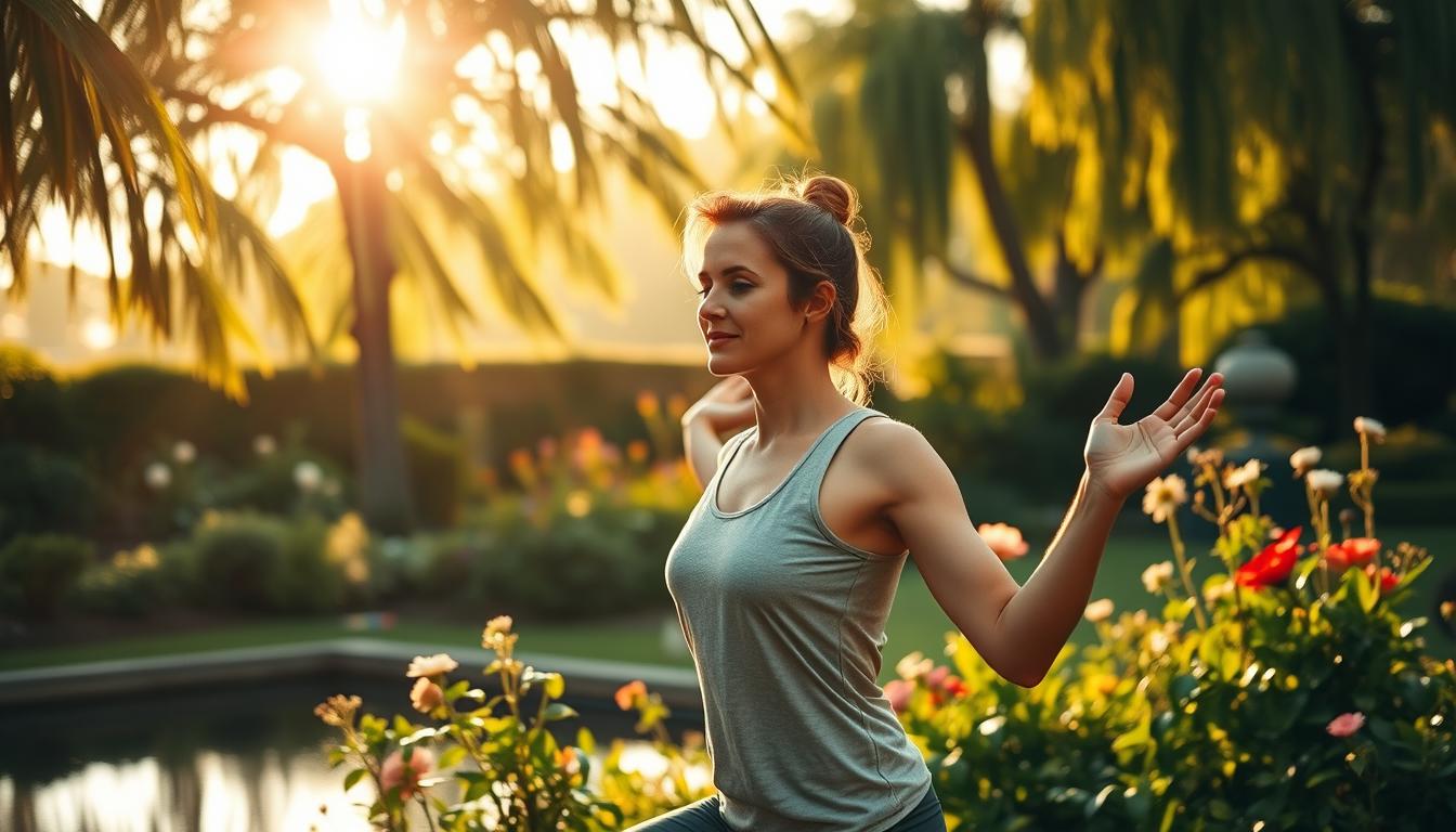 A serene outdoor scene with a person performing gentle yoga poses in a lush, vibrant garden. Warm sunlight filters through swaying trees, casting a soft glow on the scene. In the foreground, the person is deeply focused, their expression radiating a sense of gratitude and inner peace. The middle ground features blooming flowers and thriving greenery, symbolizing the physical benefits of cultivating gratitude. The background showcases a tranquil pond, its surface reflecting the natural beauty surrounding the person. The overall atmosphere is one of harmony, rejuvenation, and a deep appreciation for the present moment.