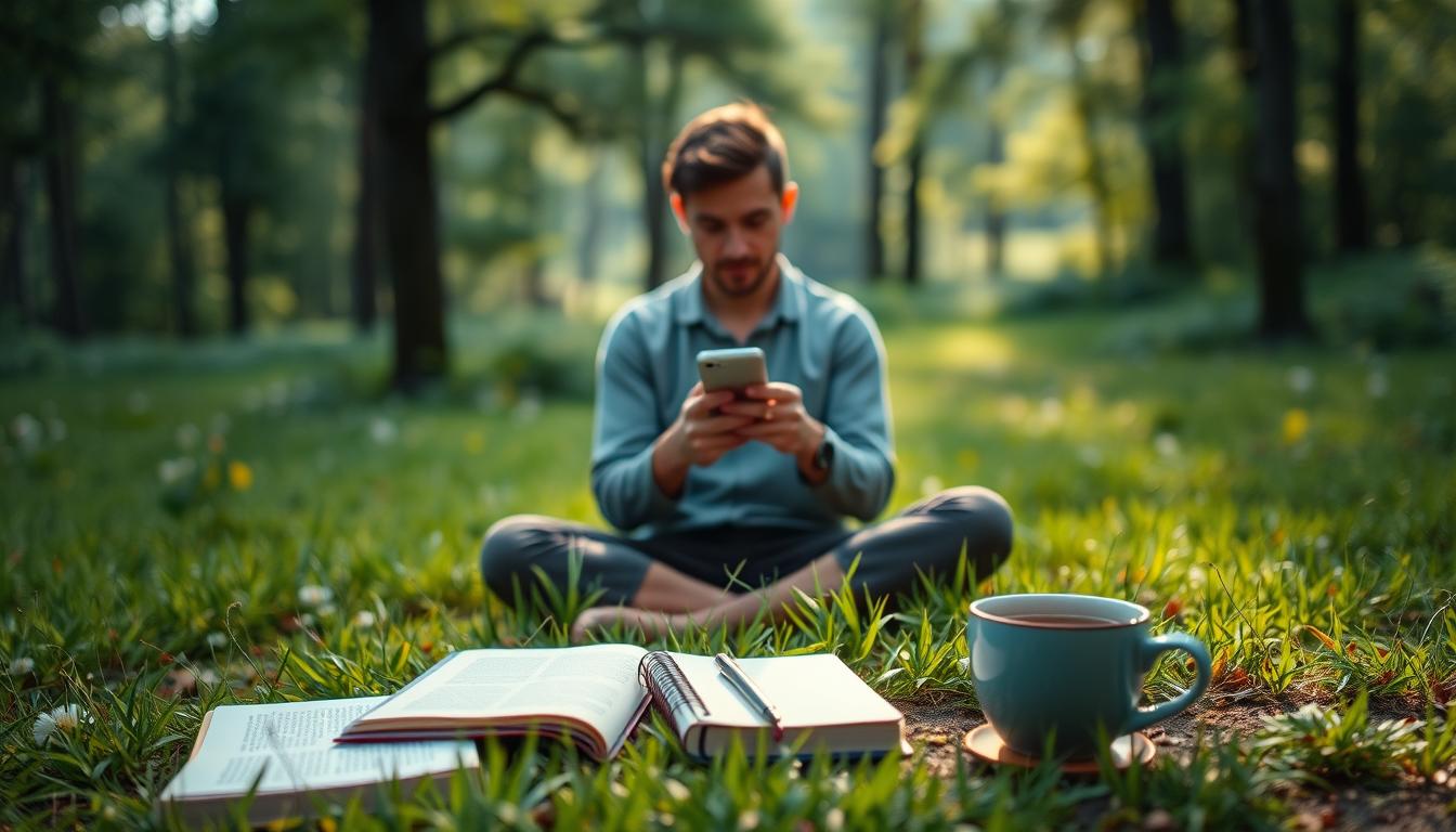 A serene outdoor scene, with a person sitting cross-legged in a lush, vibrant meadow, surrounded by a calming forest backdrop. The individual is holding a mobile device in their hands, their gaze transfixed on the screen, but they slowly lower the device, embracing the tranquility of their natural surroundings. Soft, diffused lighting filters through the trees, creating a warm, inviting atmosphere. In the foreground, various digital detox tools, such as a book, a notebook, and a cup of tea, are neatly arranged, symbolizing the conscious effort to disconnect from technology and immerse oneself in mindful, analog activities.