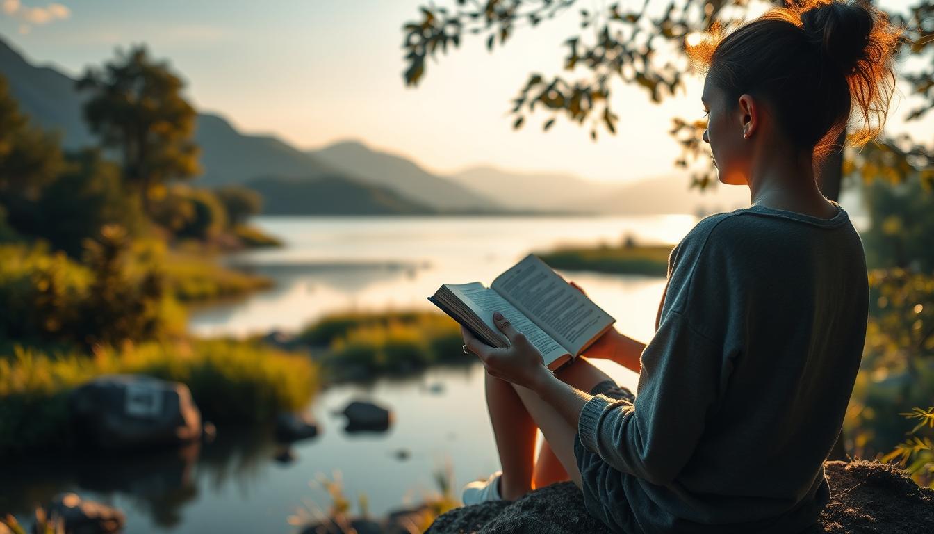 A serene outdoor scene with a person sitting on a rock, surrounded by lush greenery and a tranquil body of water. The person is engrossed in a book, their face reflecting a sense of calm and focus. Soft, diffused lighting casts a warm, vibrant glow over the entire scene, creating a peaceful, introspective atmosphere. In the background, distant mountains loom, further emphasizing the sense of solitude and disconnection from the digital world. The image conveys the idea of a rejuvenating digital detox, where the individual has found respite from the constant stimulation of social media and technology.