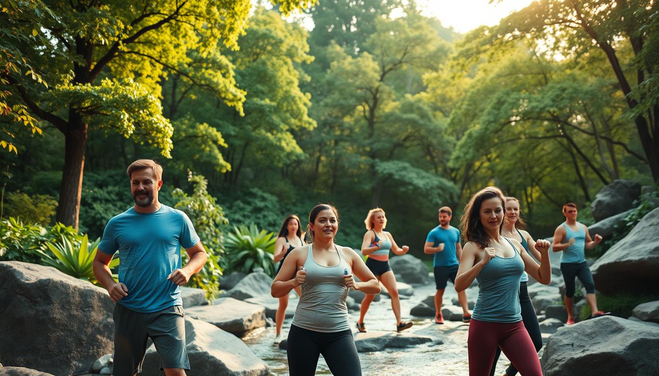 A serene outdoor space, with a lush, verdant backdrop of towering trees and vibrant foliage. In the foreground, a group of individuals engaged in a fitness activity, such as light weightlifting or resistance training, surrounded by natural elements like large boulders and a babbling brook. The lighting is soft and warm, creating a calming atmosphere that encourages mindfulness and wellness. The participants' expressions convey a sense of camaraderie, support, and a shared journey towards physical and mental transformation. The overall scene evokes a therapeutic and rejuvenating experience, where nature and exercise seamlessly come together to promote weight loss and holistic well-being.
