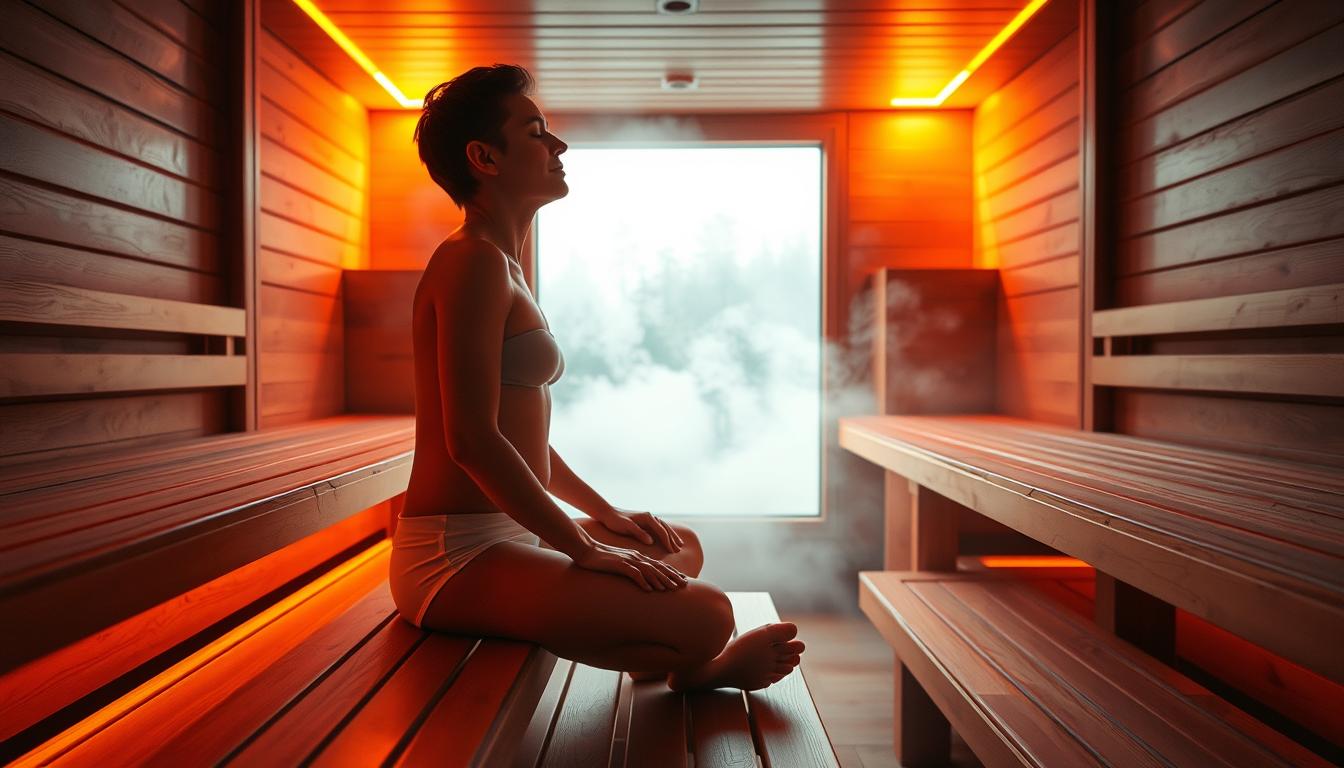 A serene sauna interior, the warm glow of infrared lamps illuminating the wooden benches. In the foreground, a person sitting cross-legged, eyes closed, hands resting on knees, experiencing the vibrant, therapeutic benefits of the heat. The middle ground features a backdrop of steam gently rising, creating a sense of tranquility. The background showcases the clean, minimalist design of the sauna, with large windows allowing natural light to filter in, enhancing the calming atmosphere. The overall mood is one of relaxation, rejuvenation, and a deep connection between the mind, body, and environment.