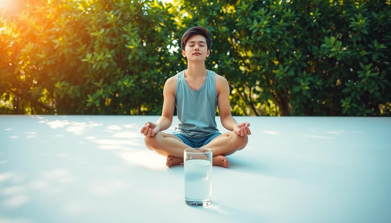 A serene scene of a person practicing safe water fasting in a tranquil, sun-dappled setting. The foreground features a young, vibrant individual sitting cross-legged, eyes closed, hands resting gently on their lap, embodying a sense of calm and mindfulness. The middle ground showcases a clean, minimalist space with a glass of water by their side, conveying the essence of the water fast. The background frames the scene with lush, verdant foliage, creating a peaceful, nature-inspired atmosphere. The lighting is soft and diffused, casting a warm, golden glow that enhances the serene ambiance. The overall composition evokes a sense of balance, introspection, and the rejuvenating power of water fasting.