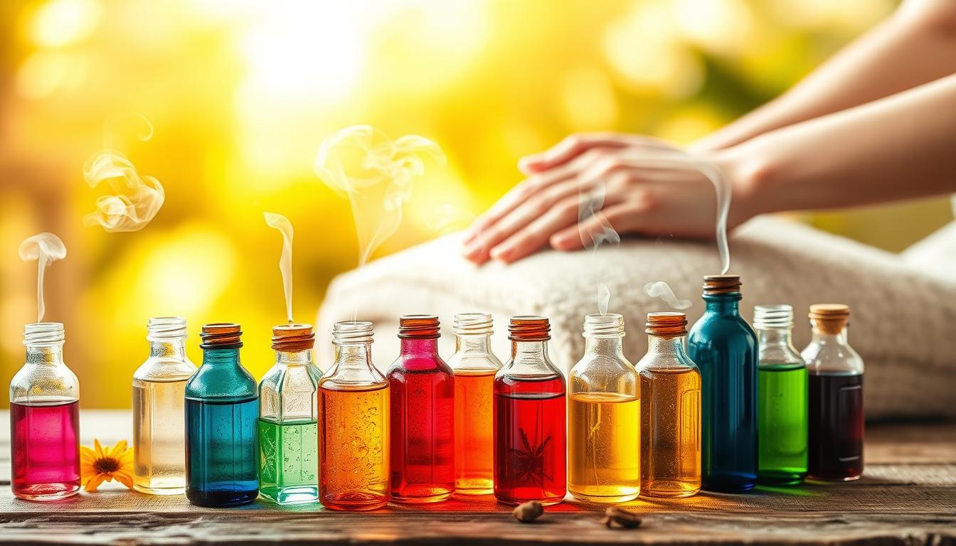 A serene scene of aromatherapy with essential oils. In the foreground, an array of colorful glass bottles filled with fragrant liquids sit atop a rustic wooden table, their contents emitting soft, wispy tendrils of steam. In the middle ground, a pair of hands gently massage aromatic oils into the skin, the gesture conveying a sense of relaxation and well-being. The background features a warm, natural lighting that bathes the scene in a vibrant, golden glow, creating an atmosphere of calm and tranquility. The overall composition evokes a feeling of rejuvenation and stress relief, perfectly capturing the essence of the "Aromatherapy with Essential Oils" section.