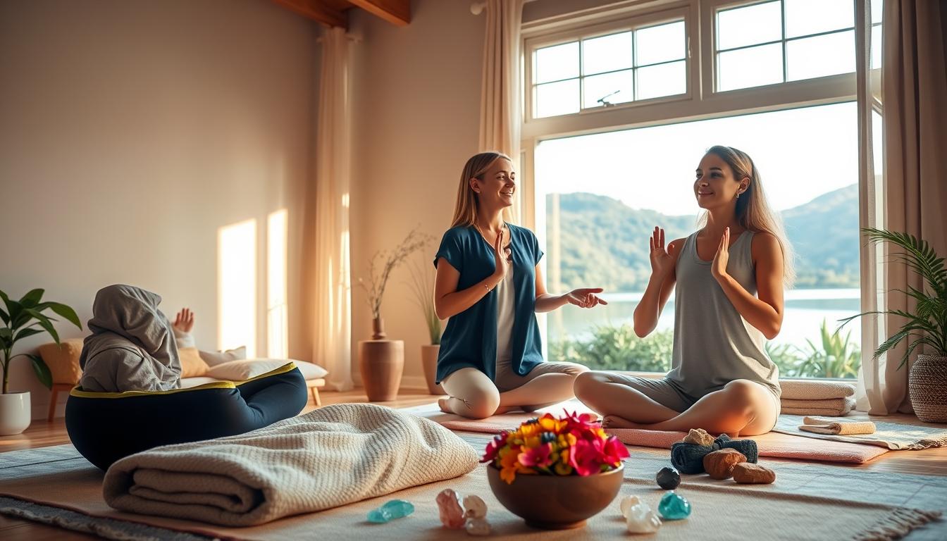 A serene, softly lit room with warm, natural lighting filtering through large windows. In the foreground, a therapist guides a patient through gentle, mindful movements and breathing exercises, their expressions calm and compassionate. The middle ground features a variety of therapeutic tools, such as weighted blankets, soothing crystals, and a small bowl of vibrant flowers. The background depicts a tranquil, natural landscape, with lush greenery and a calming body of water, conveying a sense of peace and restoration. The overall atmosphere is one of safety, comfort, and the healing power of trauma-informed therapies.