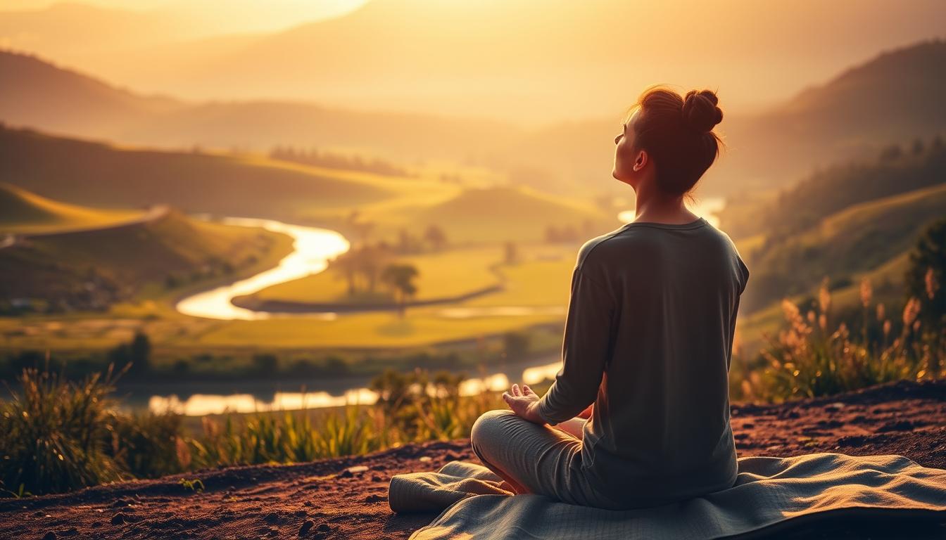 A serene, softly lit scene depicting the practice of breathwork for goals. In the foreground, a person sits cross-legged, eyes closed, deeply focused on their breath - the inhalation and exhalation visible as wisps of vibrant energy. In the middle ground, a lush, verdant landscape with rolling hills and a clear, winding river reflects the tranquility of the moment. The background is bathed in a warm, golden glow, creating an atmosphere of introspection and inner clarity. Crisp, high-resolution photography, using a wide-angle lens to capture the scene's expansive yet intimate feel.