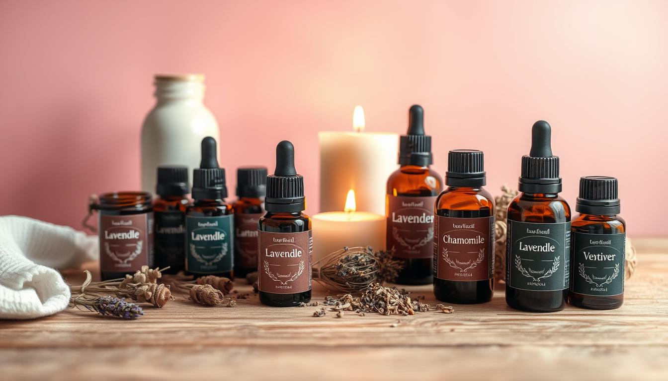 A serene still life of an assortment of essential oil bottles, candles, and dried herbs arranged on a wooden table. The oils are labeled with their names, such as lavender, chamomile, and vetiver. Soft, warm lighting illuminates the scene, creating a cozy and inviting atmosphere. The background is a vibrant, muted color palette, complementing the natural tones of the oils and accessories. The composition is balanced and visually appealing, showcasing the essential oils in a way that emphasizes their use for a relaxing sleep routine.