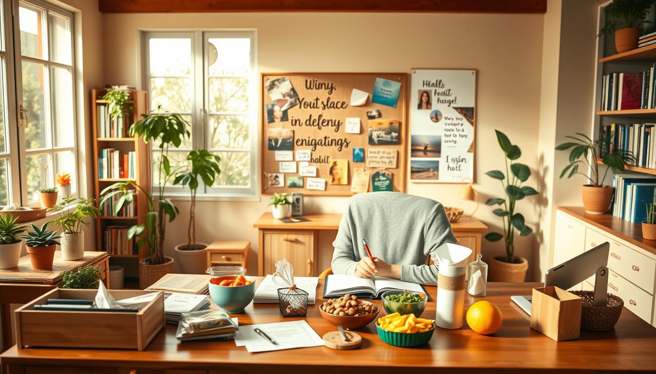 A serene study in a cozy home office. In the foreground, a person sits at a wooden desk, contemplating a selection of healthy snacks and engaging items that could replace an unhealthy habit. The middle ground features a vision board with inspiring images and affirmations. The background depicts a warm, vibrant room with bookshelves, plants, and natural lighting filtering through large windows. The overall scene conveys a sense of focus, mindfulness, and a vibrant approach to habit replacement strategies. A serene study in a cozy home office. In the foreground, a person sits at a wooden desk, contemplating a selection of healthy snacks and engaging items that could replace an unhealthy habit. The middle ground features a vision board with inspiring images and affirmations. The background depicts a warm, vibrant room with bookshelves, plants, and natural lighting filtering through large windows. The overall scene conveys a sense of focus, mindfulness, and a vibrant approach to habit replacement strategies.
