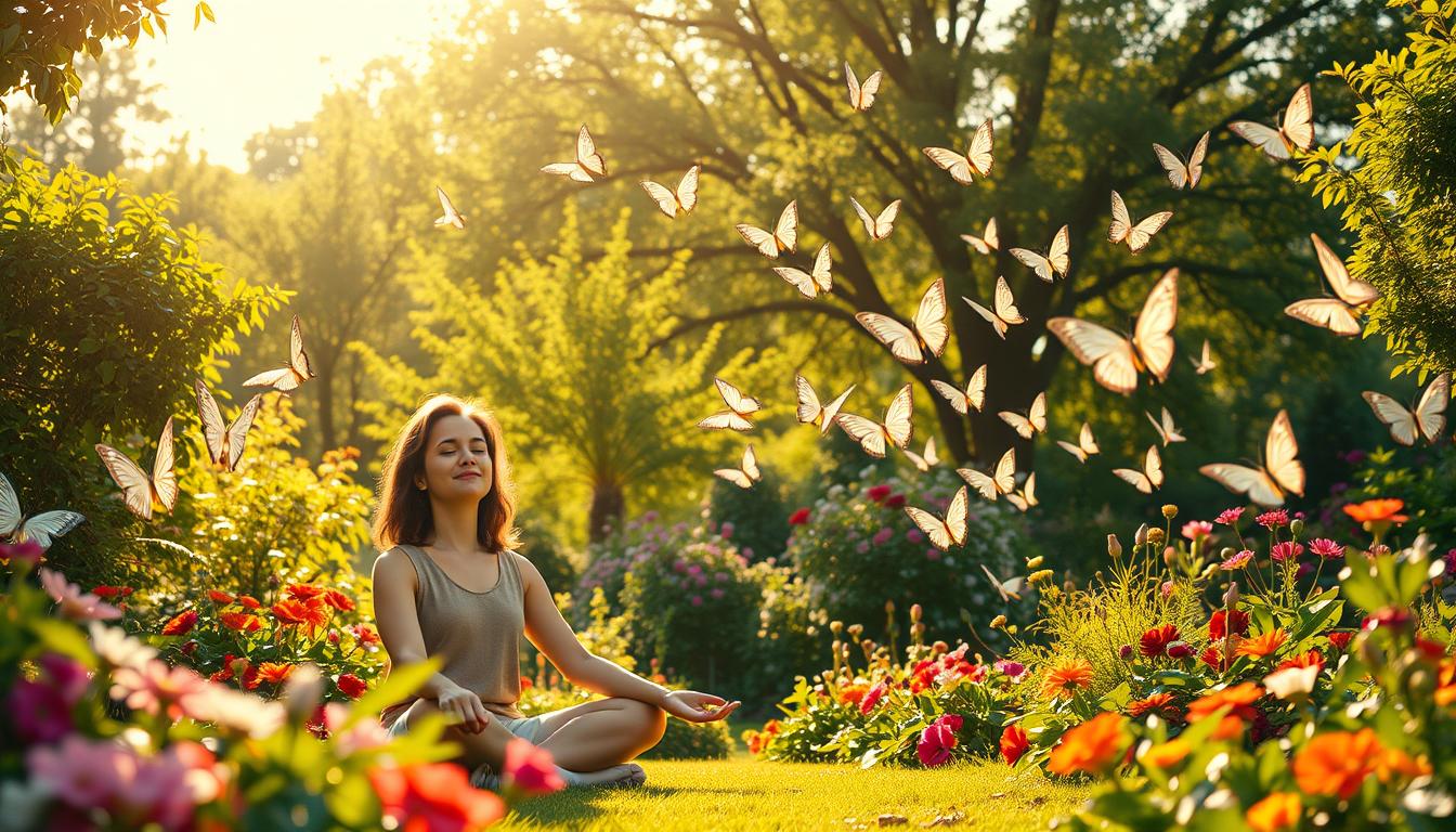 A serene, sun-dappled garden, overflowing with lush greenery and colorful blooms. In the foreground, a person sits cross-legged, eyes closed in meditation, their expression radiating a sense of inner peace and gratitude. The middle ground features a floating array of graceful, translucent butterflies, their delicate wings casting gentle shadows. In the background, a warm, golden light filters through the canopy of trees, creating a soft, glowing atmosphere that evokes a feeling of tranquility and well-being. The overall scene conveys the mental health benefits of a regular gratitude practice, with a vibrant, uplifting energy that inspires positivity and self-reflection.