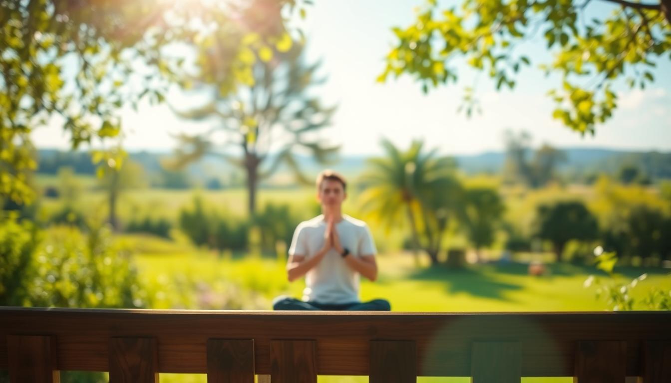 A serene, sun-dappled garden setting with a wooden bench in the foreground. In the middle ground, a person practicing mindful breathing, their eyes closed and expression calm. The background features a lush, verdant landscape with swaying trees and a clear blue sky. Soft, diffused lighting casts a warm, tranquil glow over the scene. The overall atmosphere is one of vibrant, rejuvenating calm - a visual representation of effective stress management and craving control. A serene, sun-dappled garden setting with a wooden bench in the foreground. In the middle ground, a person practicing mindful breathing, their eyes closed and expression calm. The background features a lush, verdant landscape with swaying trees and a clear blue sky. Soft, diffused lighting casts a warm, tranquil glow over the scene. The overall atmosphere is one of vibrant, rejuvenating calm - a visual representation of effective stress management and craving control.