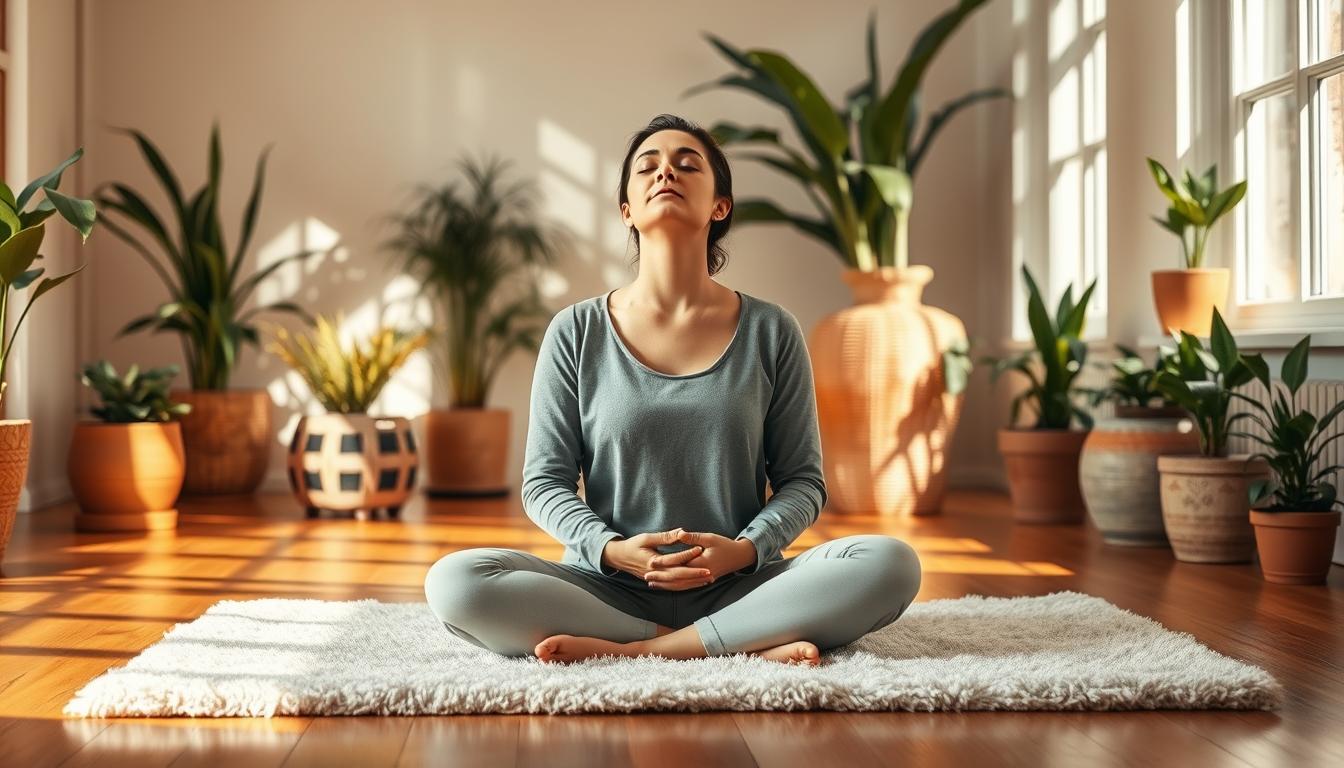 A serene, sun-dappled interior scene depicting a woman sitting cross-legged on a plush rug, practicing mindful breathing exercises. Warm hardwood floors and an abundance of potted plants create a calming, nature-inspired atmosphere. The woman's expression is one of deep focus and tranquility, her eyes closed as she engages in a soothing, vibrant visualization technique to manage her emotional eating impulses. Soft, diffused lighting gently illuminates the scene, lending a sense of peace and introspection. A serene, sun-dappled interior scene depicting a woman sitting cross-legged on a plush rug, practicing mindful breathing exercises. Warm hardwood floors and an abundance of potted plants create a calming, nature-inspired atmosphere. The woman's expression is one of deep focus and tranquility, her eyes closed as she engages in a soothing, vibrant visualization technique to manage her emotional eating impulses. Soft, diffused lighting gently illuminates the scene, lending a sense of peace and introspection.