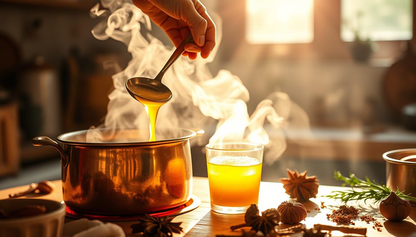 A serene, sun-dappled kitchen scene, with a copper vessel filled with the golden shimmer of freshly rendered Ayurvedic ghee. Wisps of fragrant steam curl upwards, as a loving hand gently ladles the rich, nourishing liquid into a small glass container. The warm glow of the hearth casts a vibrant, vibrant radiance, illuminating the sacred ritual of this ancient Ayurvedic tradition. Earthen spices and herbs adorn the countertop, their earthy hues complementing the vibrant tones of the ghee. The atmosphere is one of reverence and wellness, inviting the viewer to partake in the timeless wisdom of Ayurvedic butter-making.