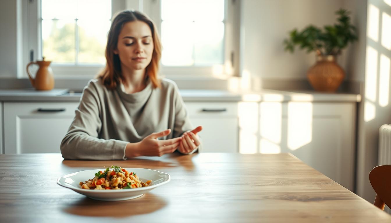 A serene, sun-dappled kitchen table with a mindful eater savoring a simple meal. In the foreground, a delicate china plate holds a nutritious, vibrant dish - perhaps a colorful salad or a bowl of whole grains and vegetables. The eater, dressed in comfortable, natural tones, sits with perfect posture, eyes closed, fully immersed in the experience of eating. Soft, warm lighting from large windows casts a peaceful glow, and the background features minimal, clean decor that promotes focus and tranquility. The overall scene conveys a sense of calm, intentional, and nourishing mealtime experience. A serene, sun-dappled kitchen table with a mindful eater savoring a simple meal. In the foreground, a delicate china plate holds a nutritious, vibrant dish - perhaps a colorful salad or a bowl of whole grains and vegetables. The eater, dressed in comfortable, natural tones, sits with perfect posture, eyes closed, fully immersed in the experience of eating. Soft, warm lighting from large windows casts a peaceful glow, and the background features minimal, clean decor that promotes focus and tranquility. The overall scene conveys a sense of calm, intentional, and nourishing mealtime experience.