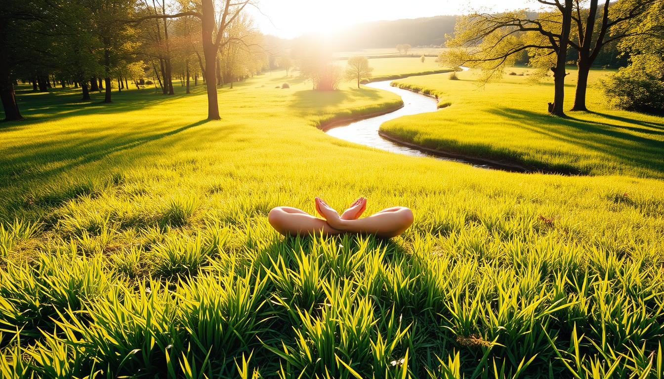 A serene, sun-dappled meadow stretches out, its lush green grasses caressed by a gentle breeze. In the foreground, a person sits cross-legged on the ground, their eyes closed in meditation, palms resting on their knees in a grounding pose. The vibrant, verdant earth beneath them seems to pulse with energy, a tangible connection between body and nature. The warm, golden light filters through the surrounding trees, casting a soft, rejuvenating glow over the scene. In the distance, a winding stream meanders through the landscape, its soothing sounds adding to the tranquil atmosphere. This image captures the essence of grounding and physical recovery, inviting the viewer to feel the restorative power of connecting with the natural world.