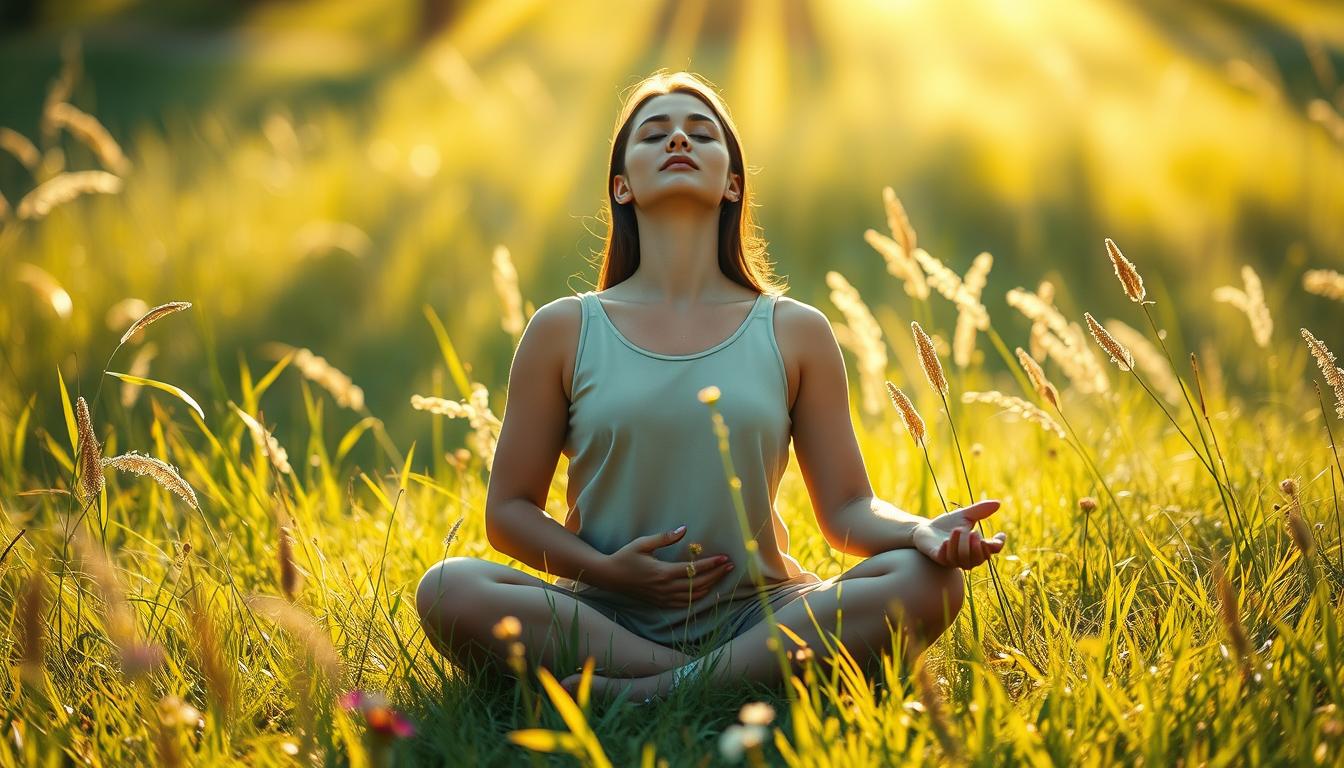A serene, sun-dappled meadow, with a figure seated in a relaxed, cross-legged position. Rays of warm, golden light filter through swaying grass and wildflowers, creating a soothing, calming atmosphere. The person's eyes are closed, their hands resting gently on their knees, embodying a state of deep, mindful breathing. The scene is captured with a soft, shallow depth of field, drawing the viewer's attention to the central figure and the tranquil, vibrant surroundings.