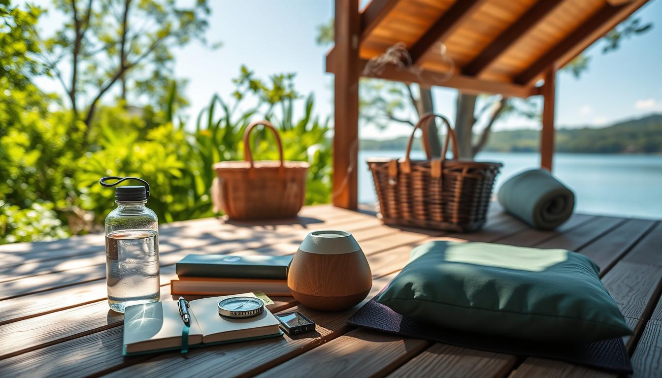 A serene, sun-dappled outdoor scene featuring a wooden deck overlooking a tranquil lake. In the foreground, a variety of holistic wellness items are artfully arranged - a reusable water bottle, a journal, a compass, and an essential oil diffuser emitting a wisp of fragrant steam. The middle ground showcases a picnic basket, a yoga mat, and a travel-sized meditation cushion, hinting at a mindful, rejuvenating experience. In the background, lush green foliage and a clear, azure sky convey a sense of peaceful escape. The overall mood is one of vibrant, grounding wellness amidst the beauty of nature. A serene, sun-dappled outdoor scene featuring a wooden deck overlooking a tranquil lake. In the foreground, a variety of holistic wellness items are artfully arranged - a reusable water bottle, a journal, a compass, and an essential oil diffuser emitting a wisp of fragrant steam. The middle ground showcases a picnic basket, a yoga mat, and a travel-sized meditation cushion, hinting at a mindful, rejuvenating experience. In the background, lush green foliage and a clear, azure sky convey a sense of peaceful escape. The overall mood is one of vibrant, grounding wellness amidst the beauty of nature.