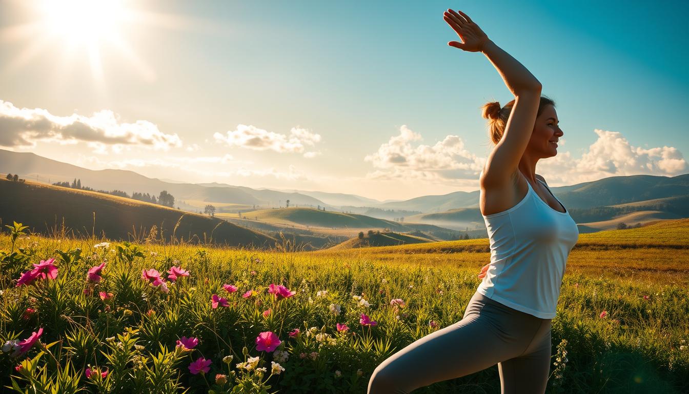 A serene, sun-dappled outdoor scene. In the foreground, a person engaged in dynamic yoga poses, their body in graceful motion. Pulsing energy and focus radiate from their expression. In the middle ground, a lush, verdant landscape dotted with flowering plants. Soft, warm lighting filters through wispy clouds, casting a vibrant, therapeutic ambiance. In the background, rolling hills and a clear, azure sky, conveying a sense of vastness and tranquility. The overall atmosphere is one of vibrant, rejuvenating energy - a natural remedy for alleviating stress and anxiety.