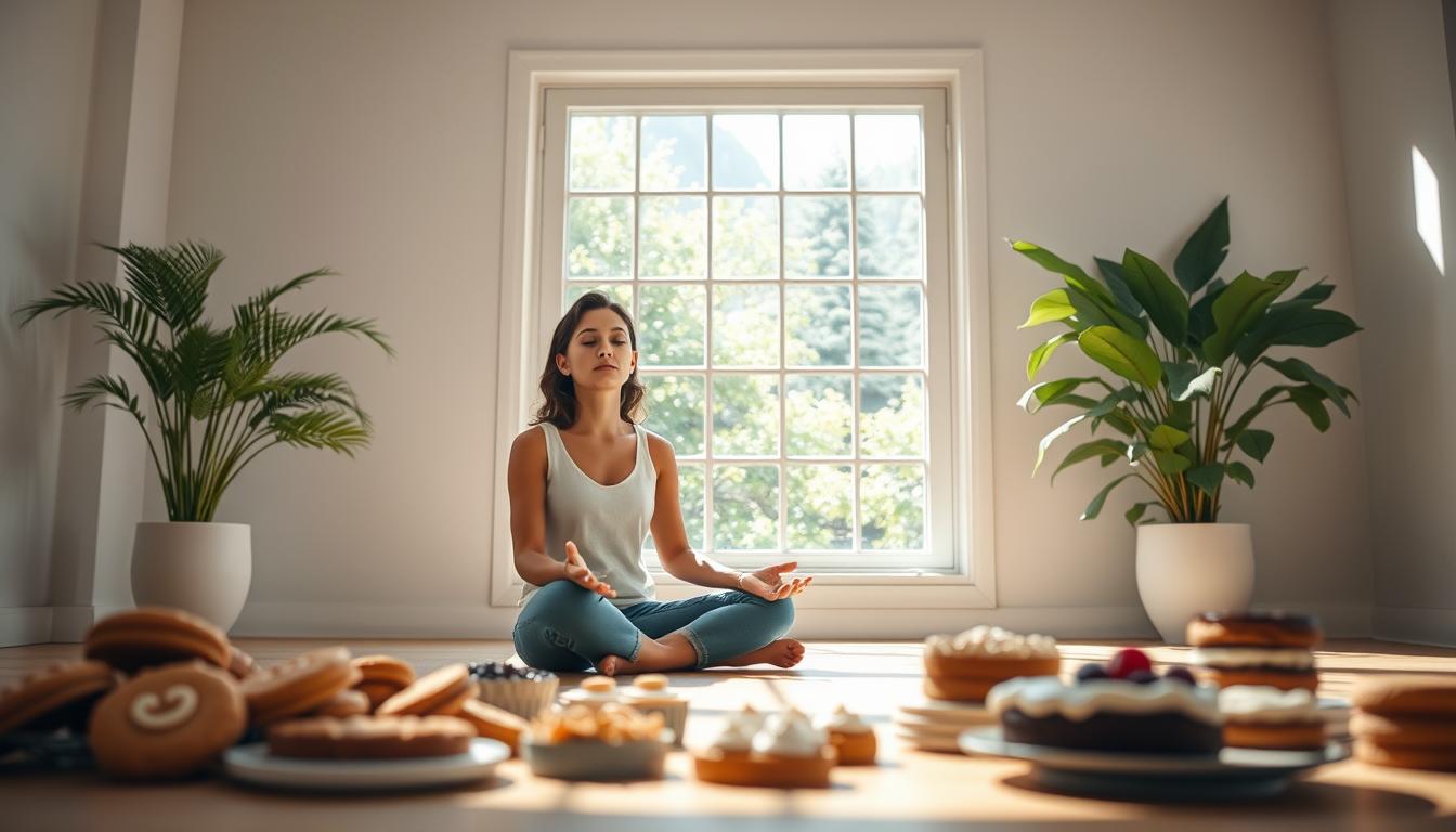 A serene, sun-dappled room with a minimalist, modern aesthetic. In the foreground, a person sits cross-legged, eyes closed, deeply immersed in a visualization exercise. Their expression is one of calm focus, as they mentally rehearse overcoming cravings. The middle ground features an array of tempting treats - cookies, cakes, and other sweets - all slightly out of focus, suggesting the person's ability to mentally distance themselves from immediate gratification. The background is filled with lush, vibrant greenery, conveying a sense of nature's restorative power. Soft, directional lighting casts gentle shadows, creating a warm, inviting atmosphere that enhances the meditative mood. A serene, sun-dappled room with a minimalist, modern aesthetic. In the foreground, a person sits cross-legged, eyes closed, deeply immersed in a visualization exercise. Their expression is one of calm focus, as they mentally rehearse overcoming cravings. The middle ground features an array of tempting treats - cookies, cakes, and other sweets - all slightly out of focus, suggesting the person's ability to mentally distance themselves from immediate gratification. The background is filled with lush, vibrant greenery, conveying a sense of nature's restorative power. Soft, directional lighting casts gentle shadows, creating a warm, inviting atmosphere that enhances the meditative mood.