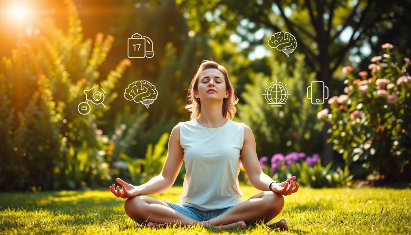 A serene, sun-dappled scene showcasing the science-backed benefits of digital detoxing for brain health. In the foreground, a person sits cross-legged in a tranquil garden, their eyes closed in meditation, their face bathed in a warm, vibrant light. Behind them, lush greenery and blooming flowers create a soothing, natural backdrop. In the middle ground, abstract icons representing various cognitive functions - memory, focus, creativity - float gently, as if suspended in air, symbolizing the rejuvenating effects of unplugging from digital devices. The overall atmosphere is one of calm, clarity, and the restorative power of disconnecting from technology.