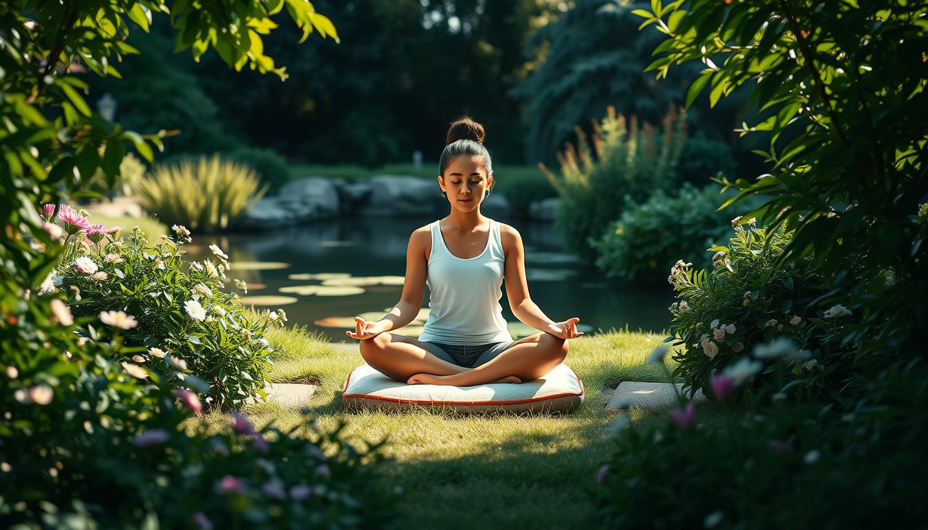 A serene, sunlit meditation garden with a central focal point of a person sitting cross-legged on a cushion, deep in contemplation. Lush, verdant foliage frames the scene, with delicate flowers and a tranquil pond in the background. Soft, diffused lighting creates a calming atmosphere, highlighting the meditator's peaceful expression. The composition emphasizes balance, harmony, and the mindful connection between the individual and their surroundings. Vibrant colors and textures convey the rejuvenating benefits of this mindfulness practice.