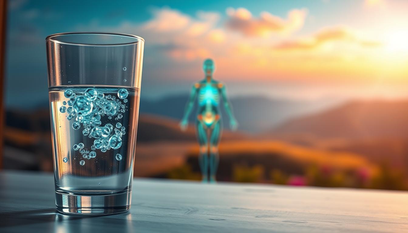 A serene, tranquil scene depicting the intricate process of cellular renewal during water fasting. In the foreground, a glass of crystal-clear water, symbolizing the nourishing essence that fuels this transformation. The middle ground showcases the human body, glowing with a vibrant, luminous aura, as dormant cells awaken and rejuvenate. In the background, a vibrant, ethereal landscape unfolds, representing the spiritual and mental clarity that accompanies this journey of self-renewal. Soft, warm lighting casts a gentle glow, evoking a sense of peace and harmony. The overall composition conveys the profound impact of water fasting on the body's innate capacity for cellular regeneration.