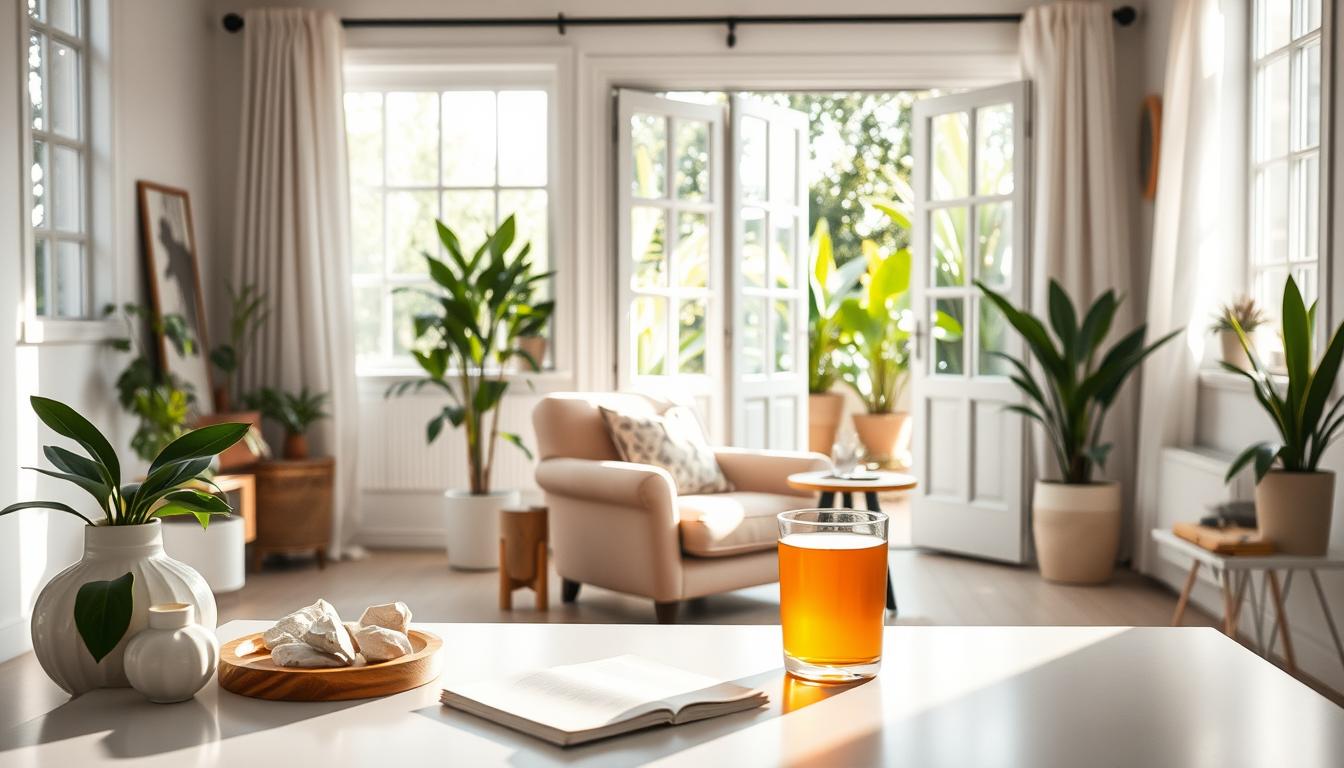 A serene, well-lit interior scene of a minimalist living space. In the foreground, an airy, uncluttered workspace with natural lighting streaming in from large windows. On the desk, various wellness items like a diffuser, crystals, and a potted plant create a tranquil ambiance. The middle ground features a cozy reading nook with a plush armchair and a side table holding a glass of detox tea. In the background, an open doorway leads to a lush, vibrant outdoor area, hinting at a connection to nature. The overall mood is one of calm, balance, and a mindful, vibrant lifestyle.