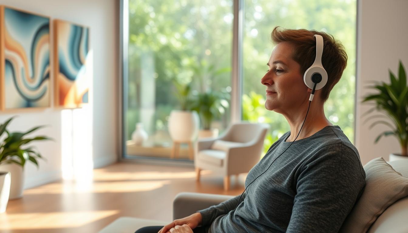 A serene, well-lit studio scene showcasing a person engaging in biofeedback therapy for migraine relief. In the foreground, a person sits comfortably, wired up to a sleek, modern biofeedback device, their expression calm and focused. The middle ground features soothing, vibrant artwork on the walls, creating a sense of tranquility. The background depicts a large window with a lush, verdant garden outside, bathed in soft, natural lighting, further enhancing the relaxing atmosphere. The overall scene conveys a sense of balance, control, and natural healing. A serene, well-lit studio scene showcasing a person engaging in biofeedback therapy for migraine relief. In the foreground, a person sits comfortably, wired up to a sleek, modern biofeedback device, their expression calm and focused. The middle ground features soothing, vibrant artwork on the walls, creating a sense of tranquility. The background depicts a large window with a lush, verdant garden outside, bathed in soft, natural lighting, further enhancing the relaxing atmosphere. The overall scene conveys a sense of balance, control, and natural healing.
